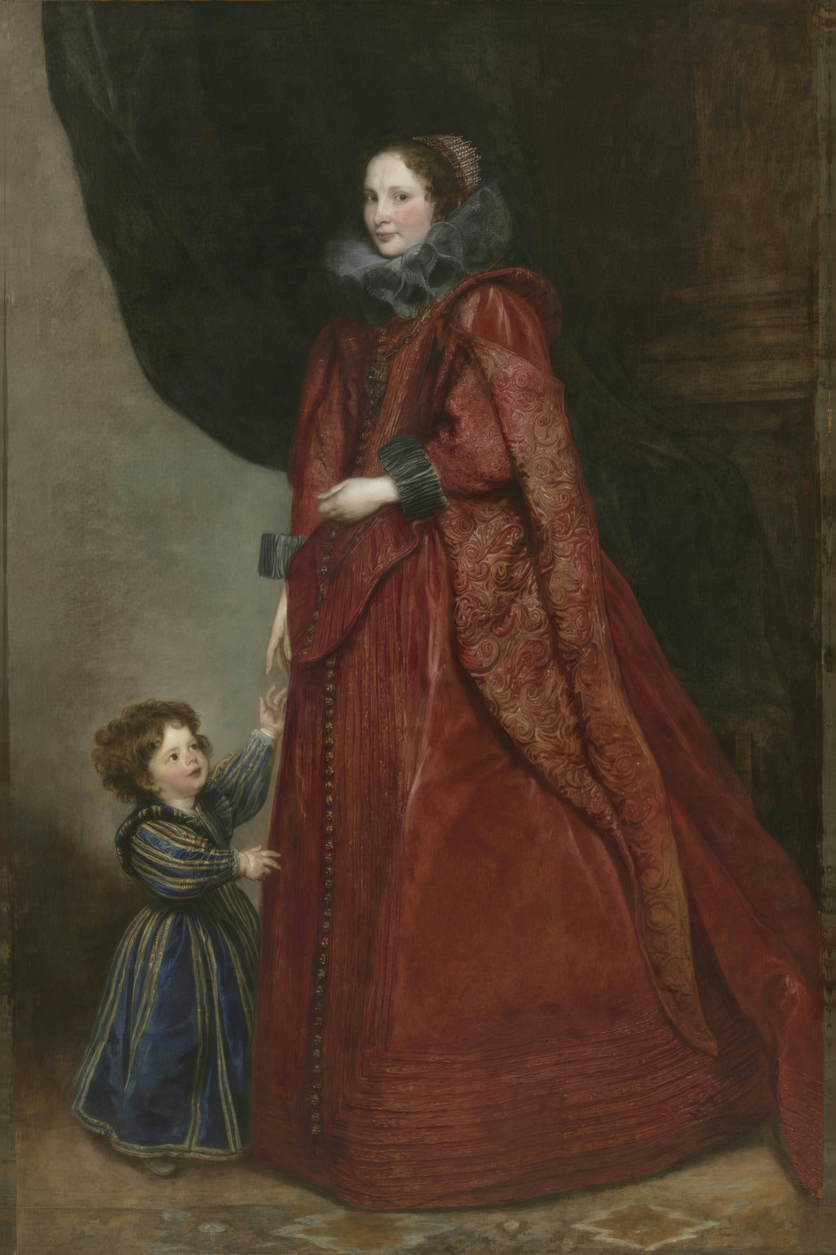 A Genoese noblewoman in a dark gown presents her small child, who looks straight out at the viewer.