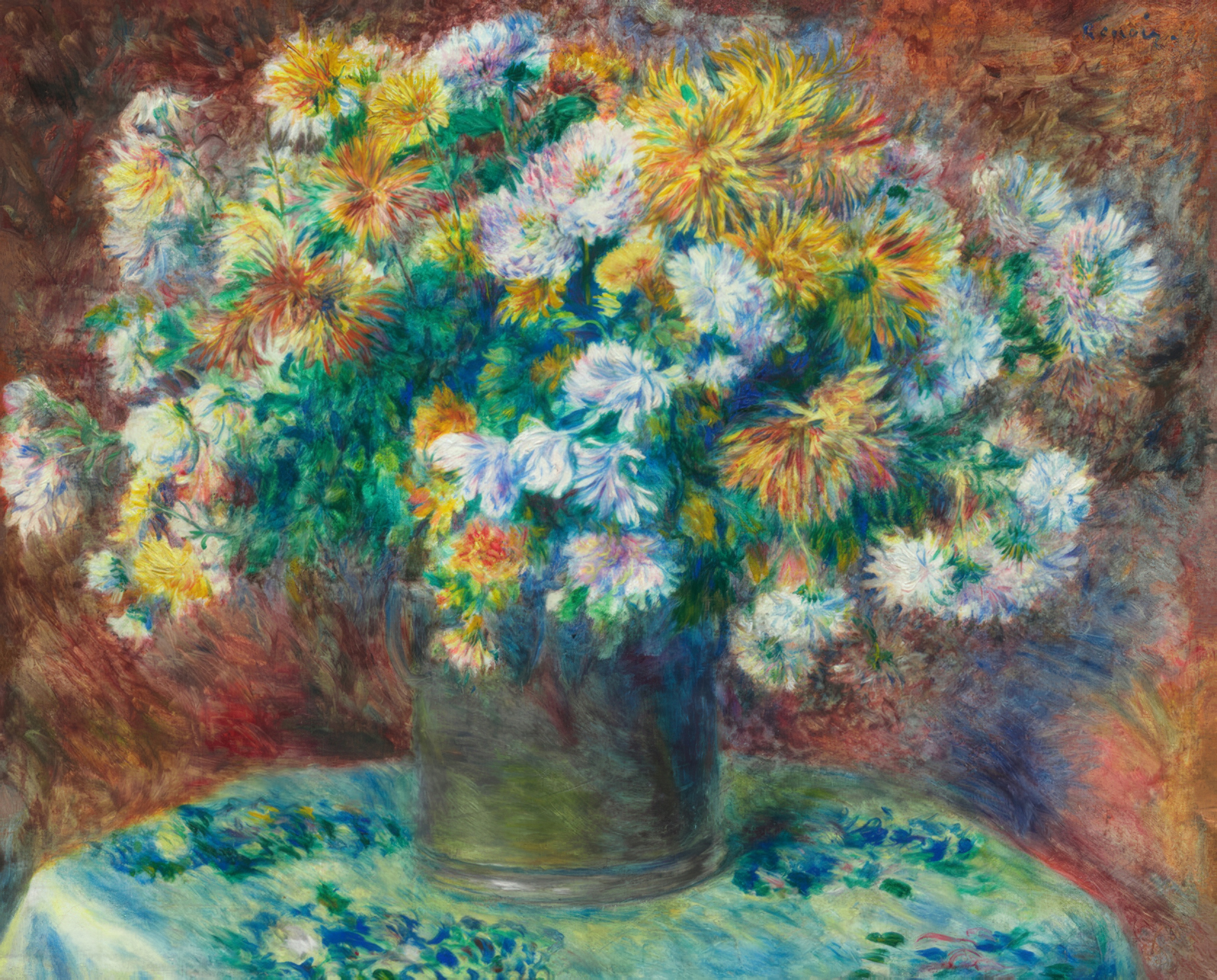 A vase crowded with red, white and yellow chrysanthemums against a dark green background.