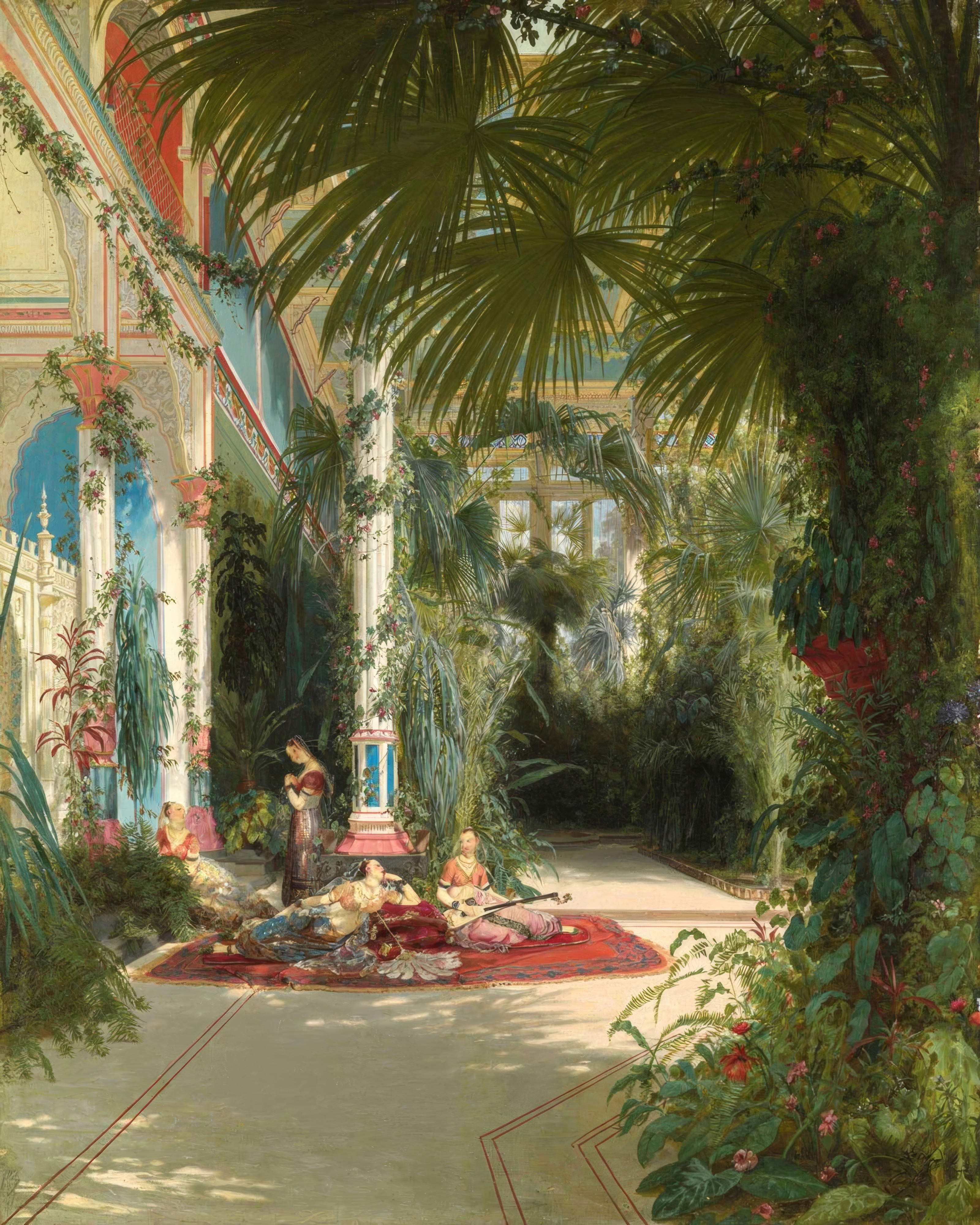 Sunlight filters through the glass roof of a conservatory onto a tall palm.