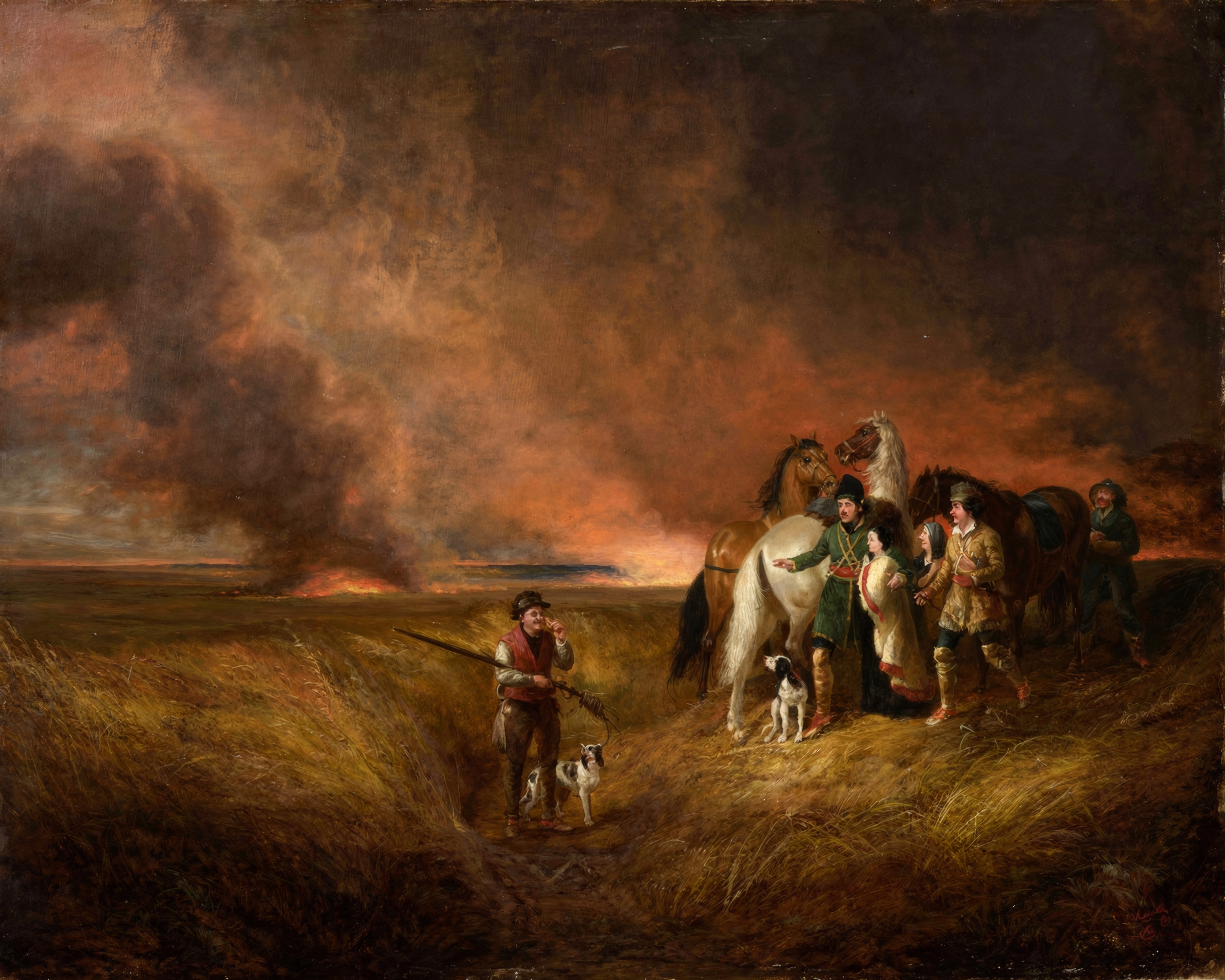 Riders gallop away from a prairie fire glowing on the horizon.