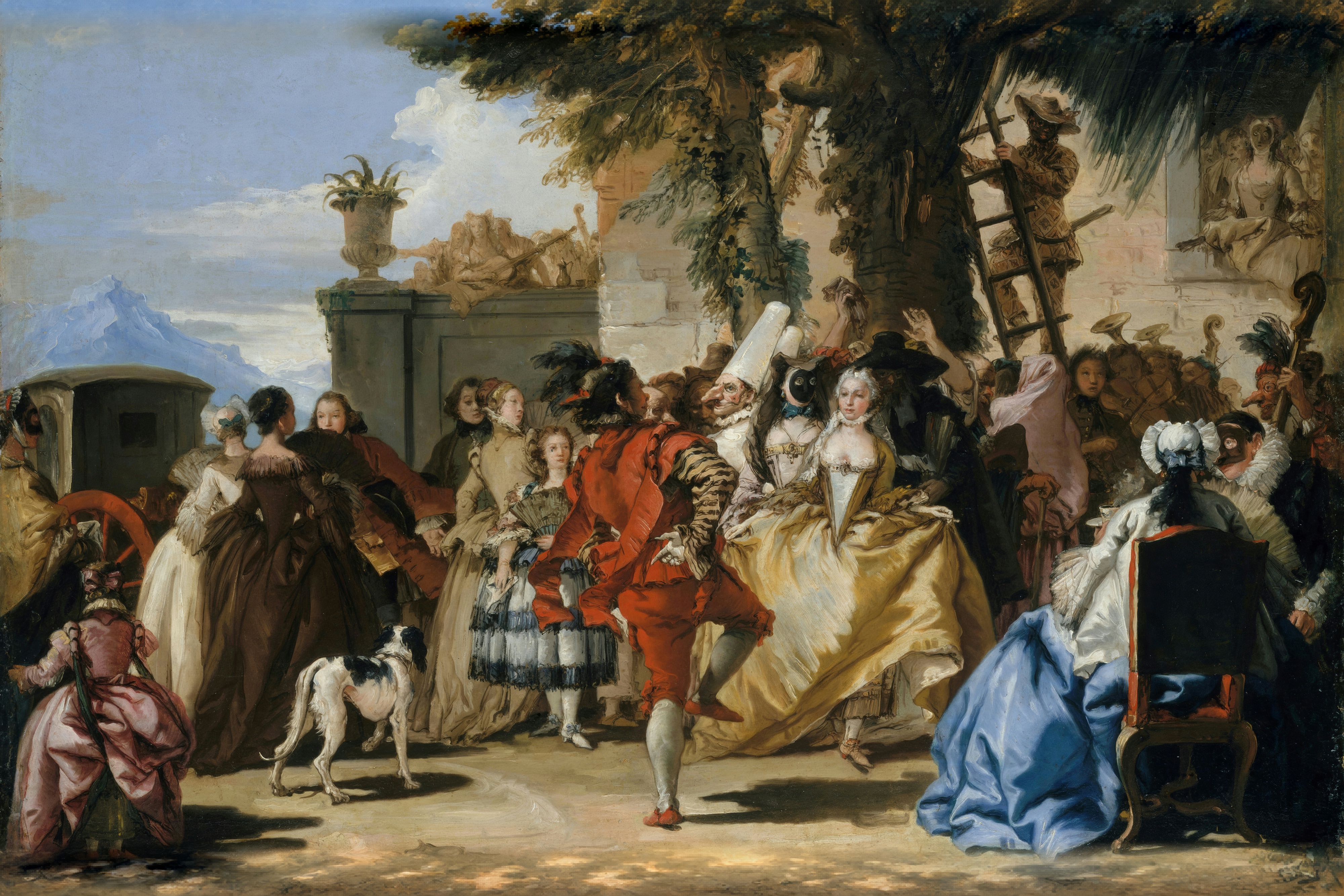 A couple dance in a sunlit country clearing as musicians play.