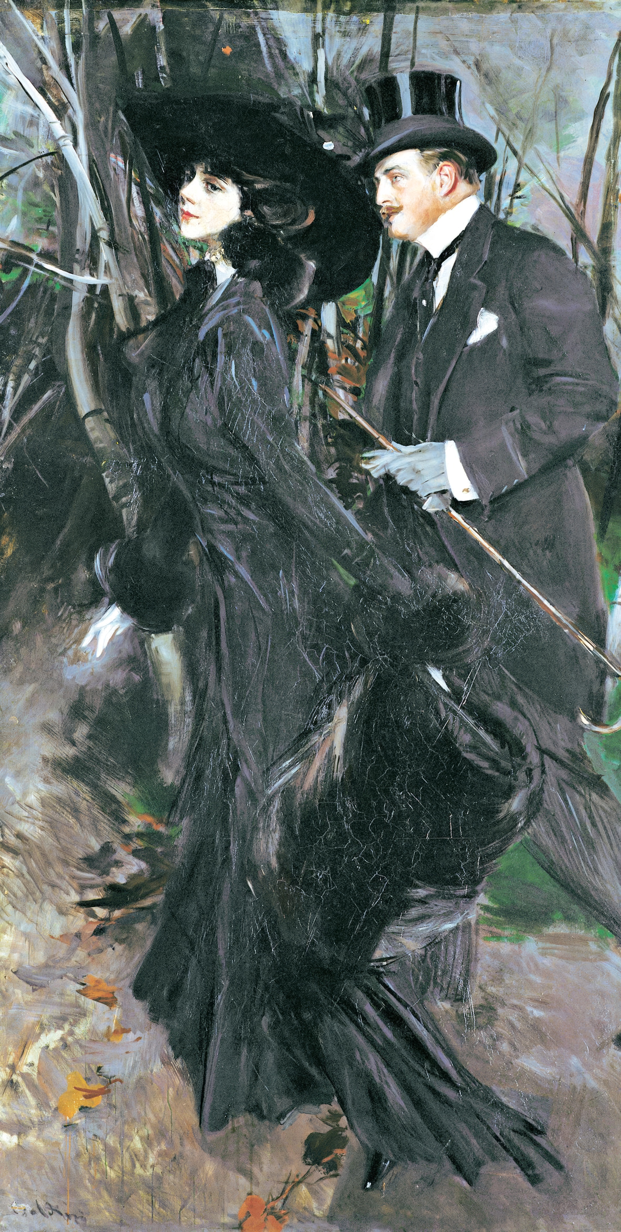 A woman in a huge black hat and long black coat walking with a man in a top hat and white gloves through the Bois de Boulogne, painted in swift strokes; painted by Giovanni Boldini.
