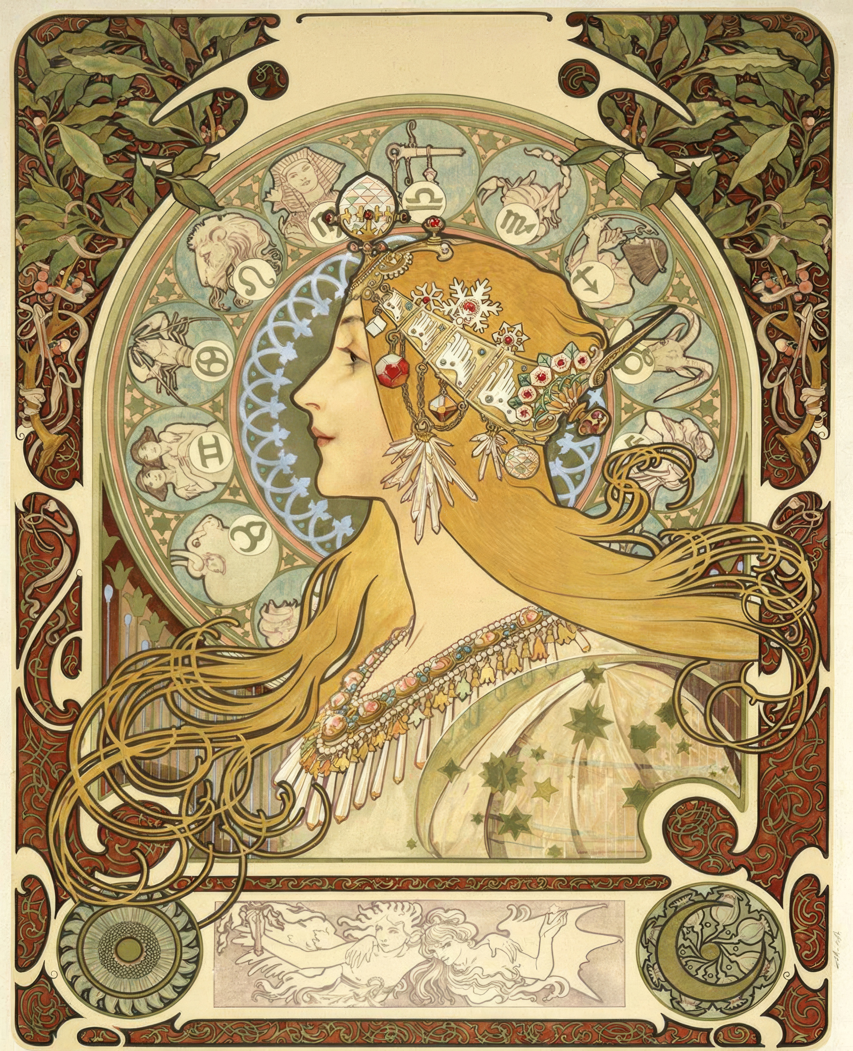 A woman in profile wears a jewelled headdress, framed by a golden ring of the twelve zodiac signs.