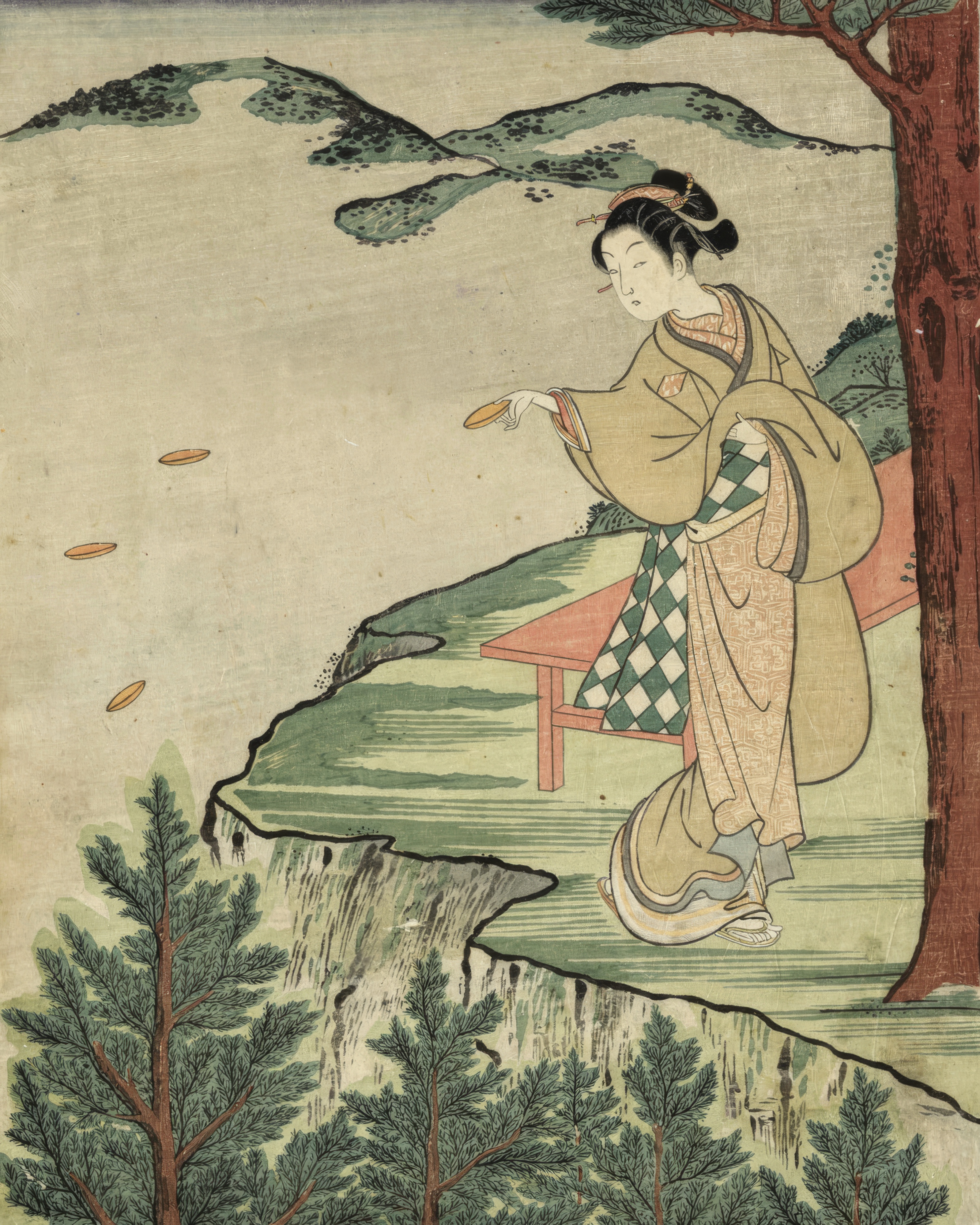A woman on a cliff throws clay dishes, her kimono echoing the waves.