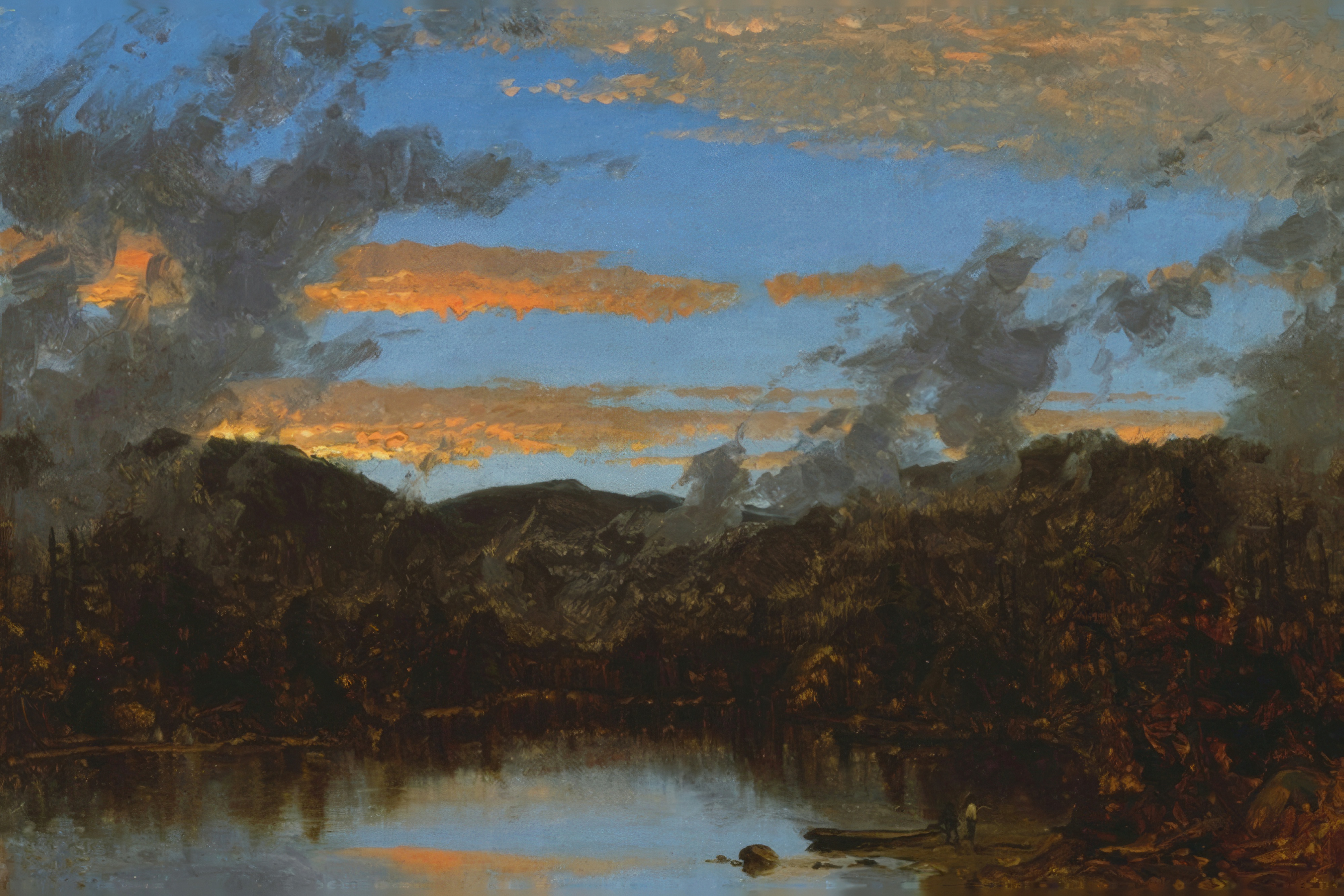 A golden mist rises over a still lake in the Catskill Mountains at dusk, with a lone figure in a boat.