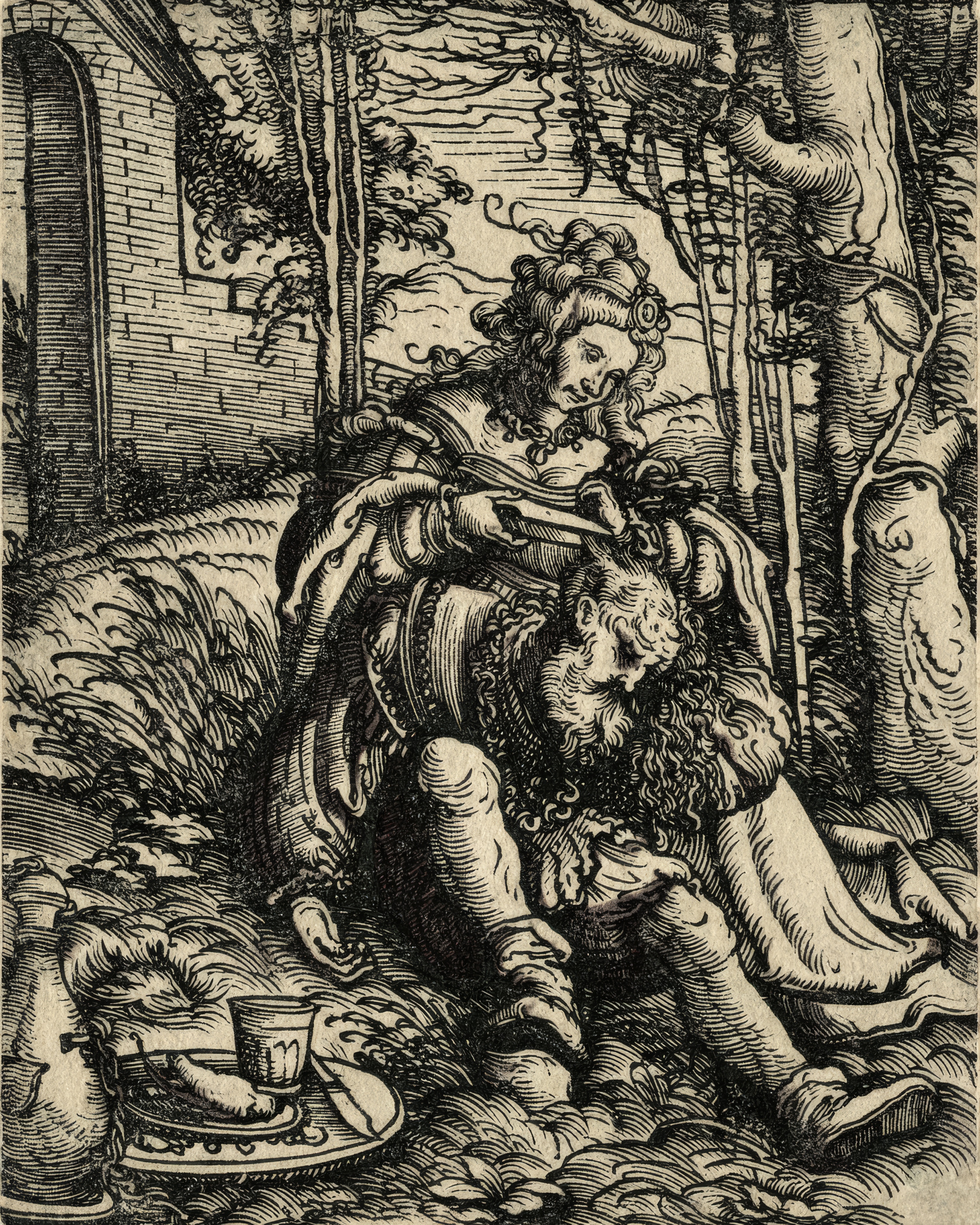 Samson sleeps in Delilah’s lap as she lifts the shears, while soldiers wait outside.