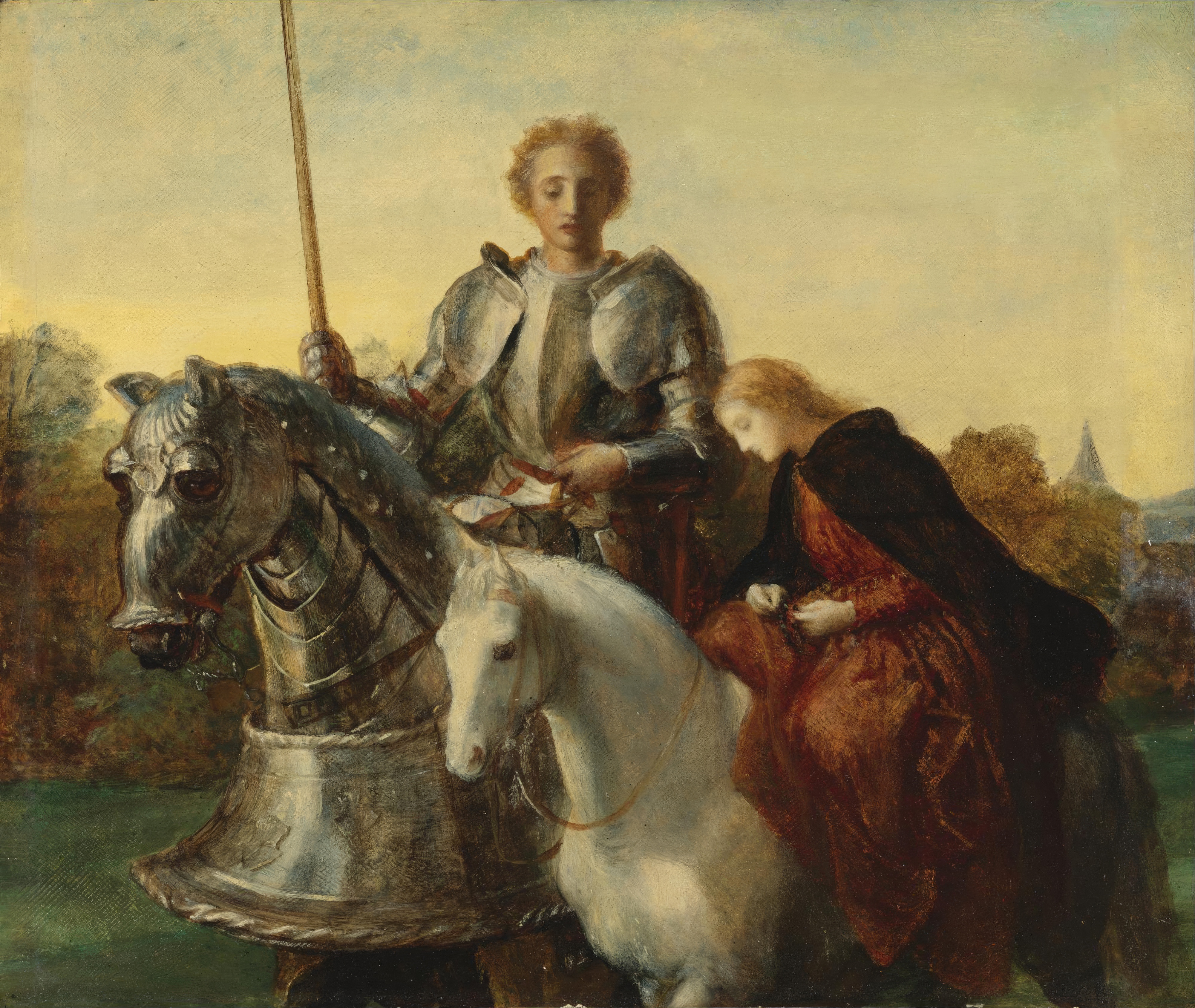 The Red Cross Knight in silver armour holding a lance on a white horse, with Una in a dark cloak leaning against him, in warm evening light; painted by George Frederic Watts.