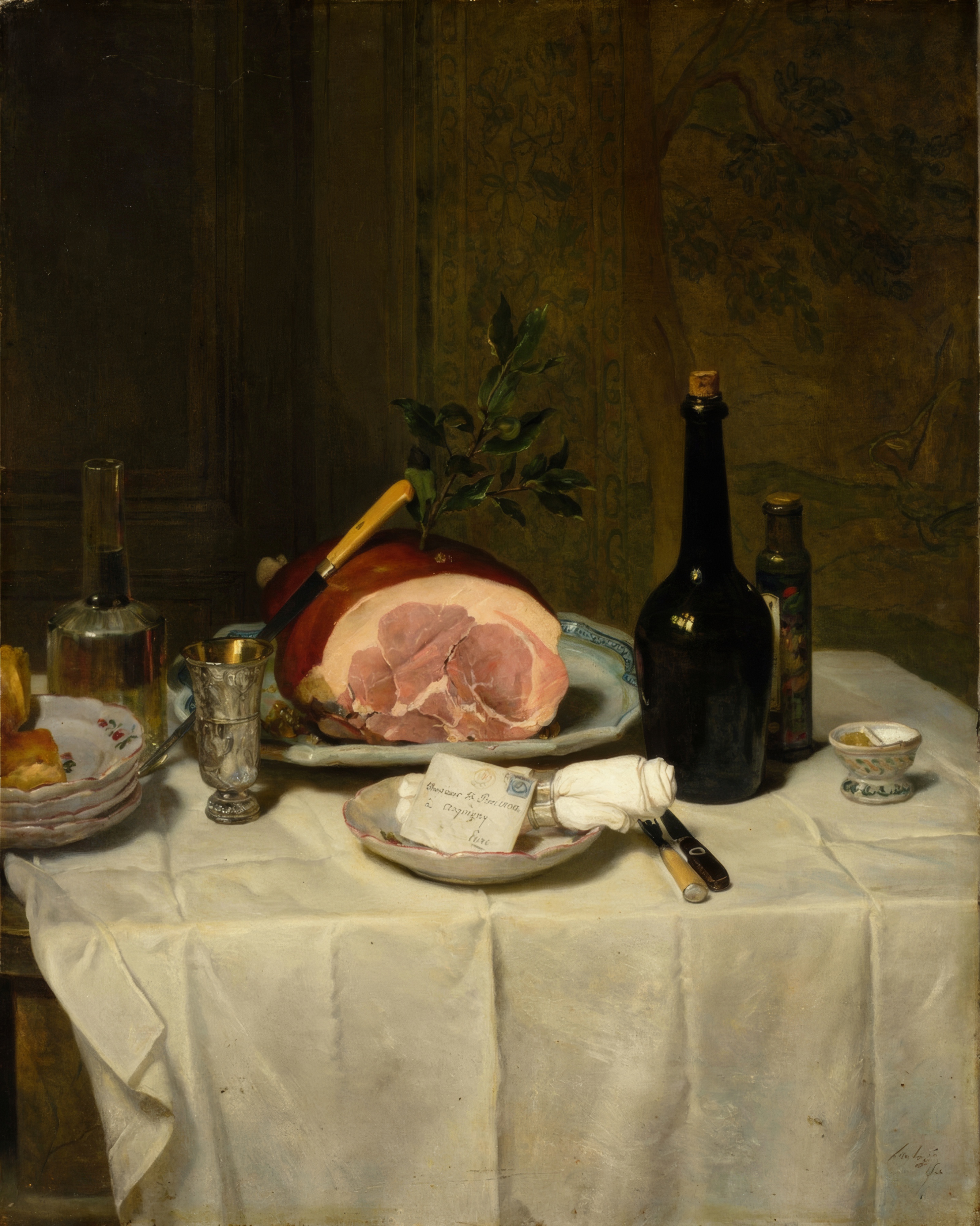 A glistening ham on a table with bread, a silver ewer and a glass of wine.