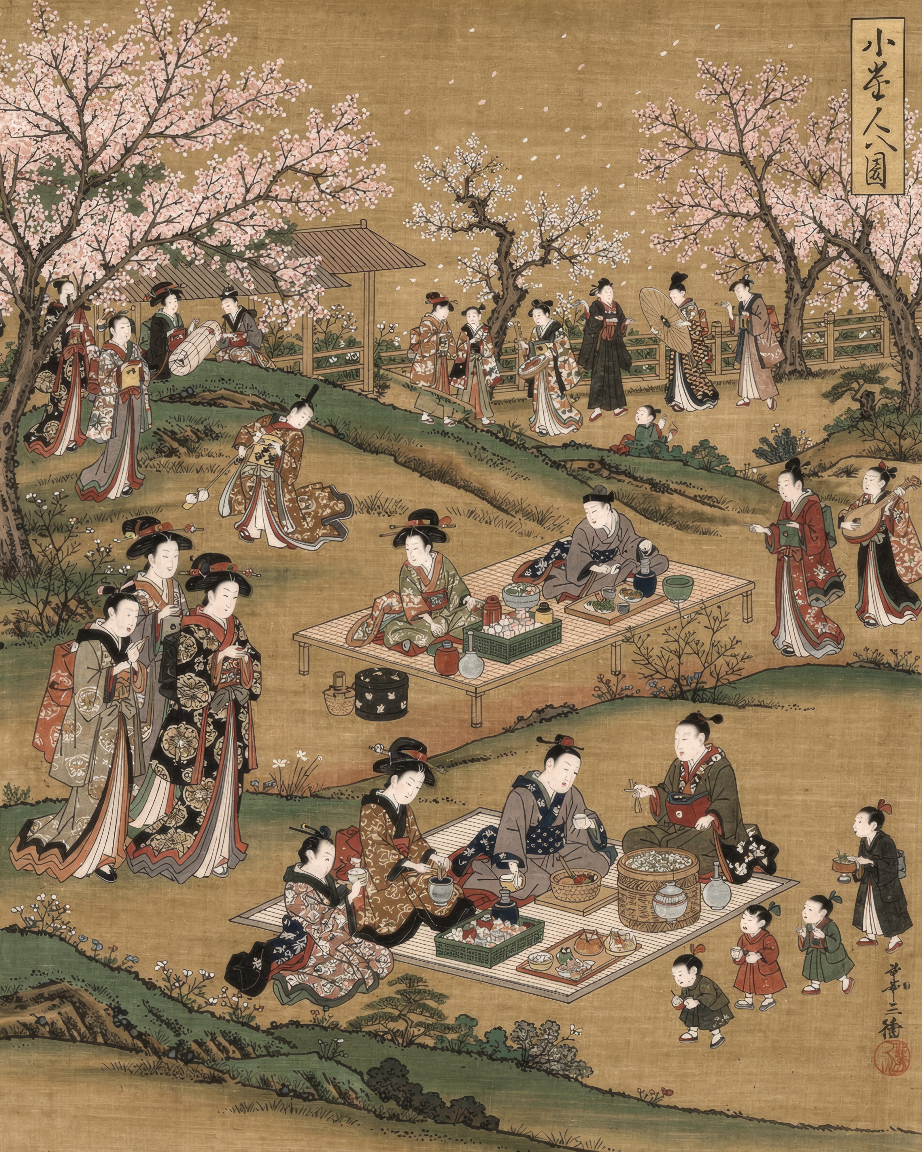 A lively group gathers under flowering cherry trees for a spring picnic.