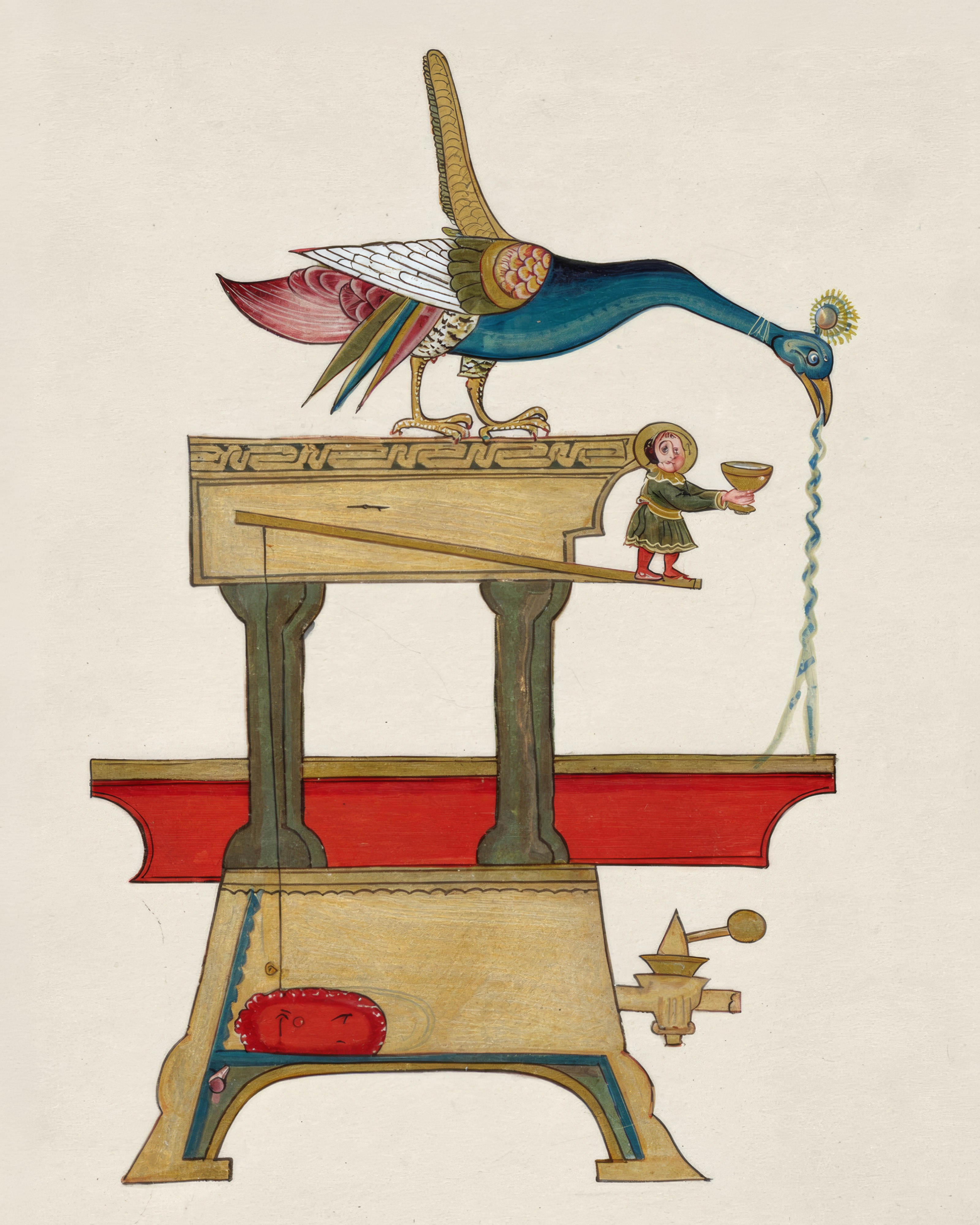 A golden peacock designed as a hand washing machine, beside Arabic text.