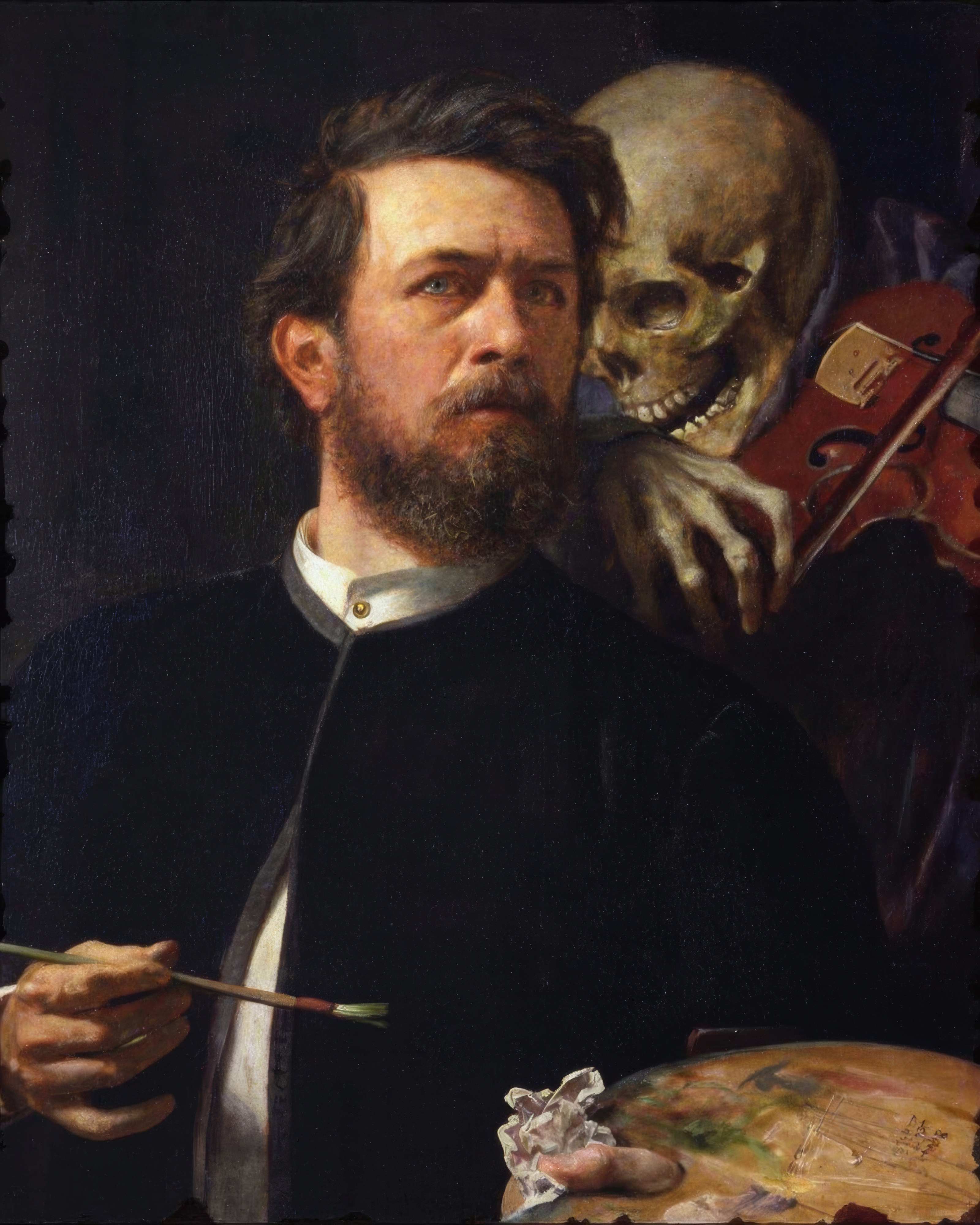 Arnold Böcklin pauses at his easel, brush in hand, as a skeleton behind him plays a single-stringed fiddle.