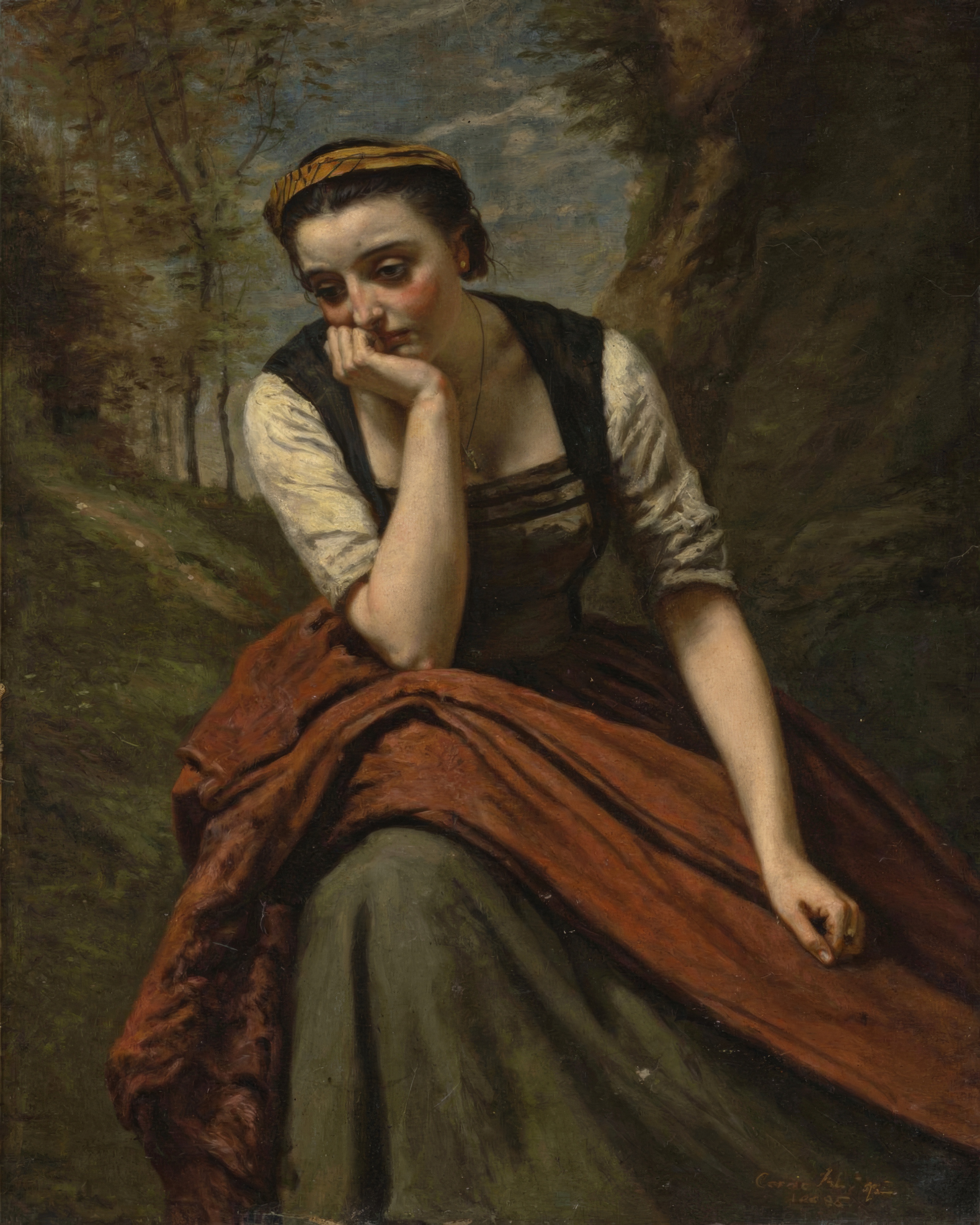 A woman sits in quiet thought, her face softly lit, in warm earthy tones.