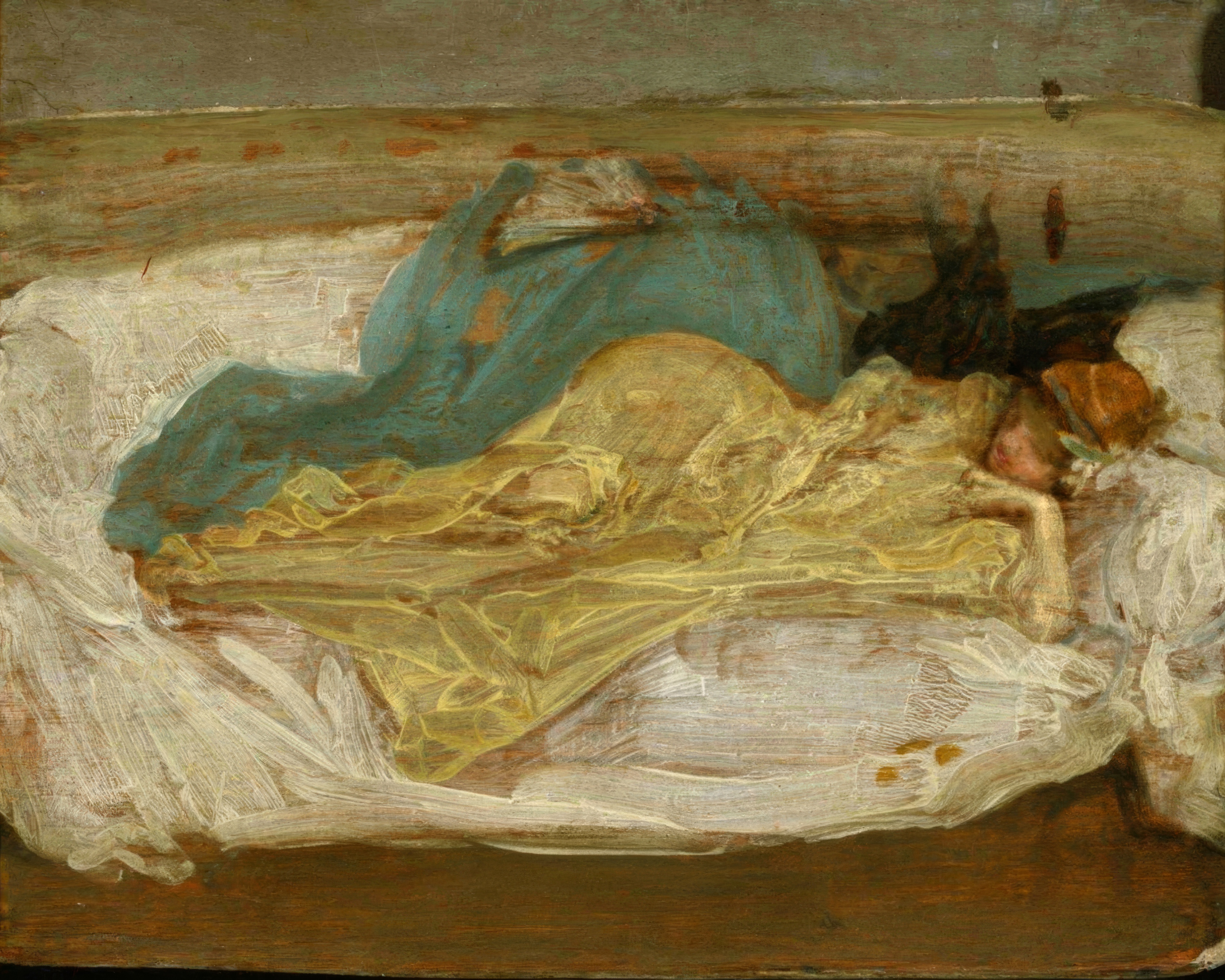 Two figures rest on a small white sofa in a light filled room, painted in soft whites, creams and greys.