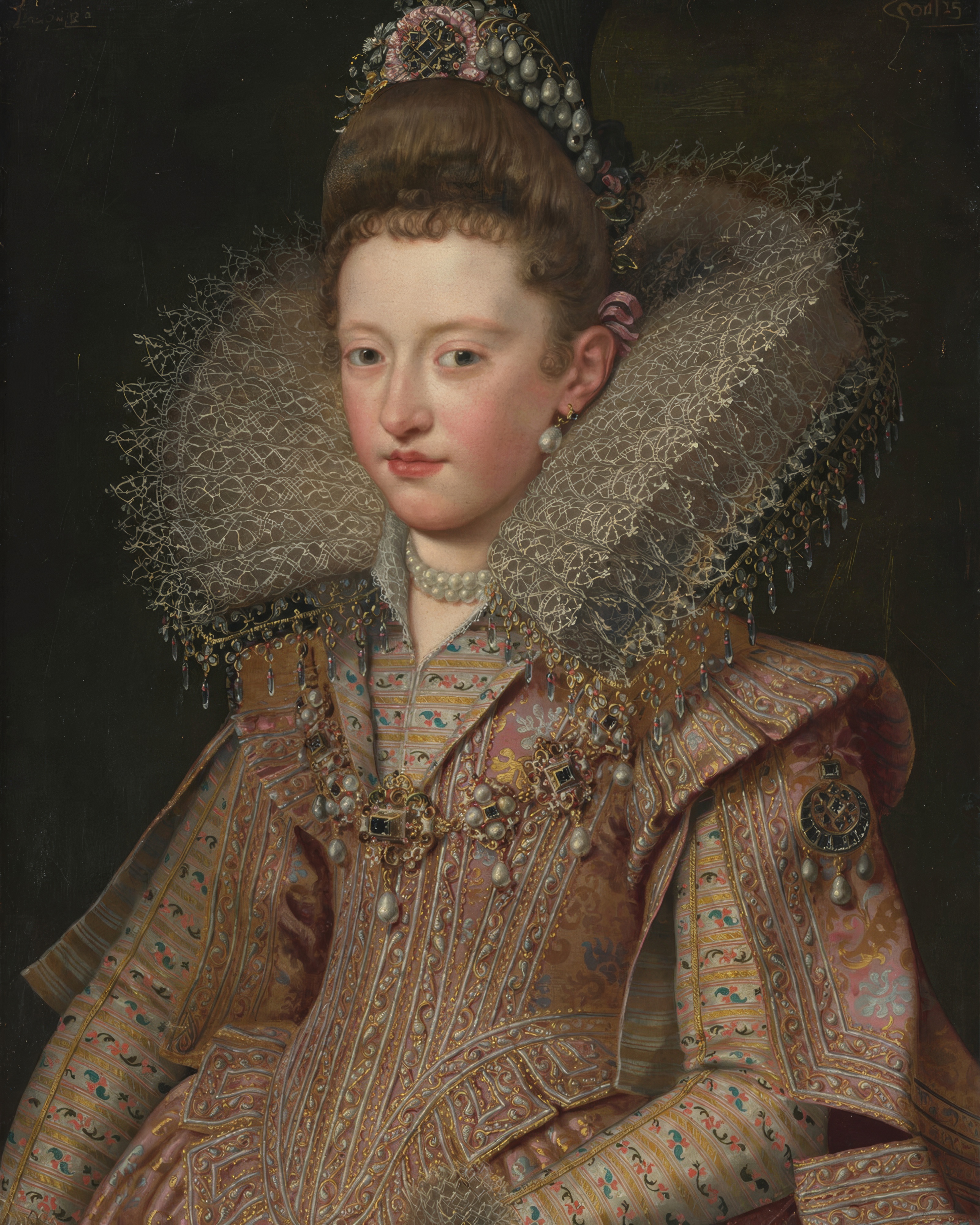 Margherita Gonzaga, Princess of Mantua, in a richly embroidered court gown and lace ruff.