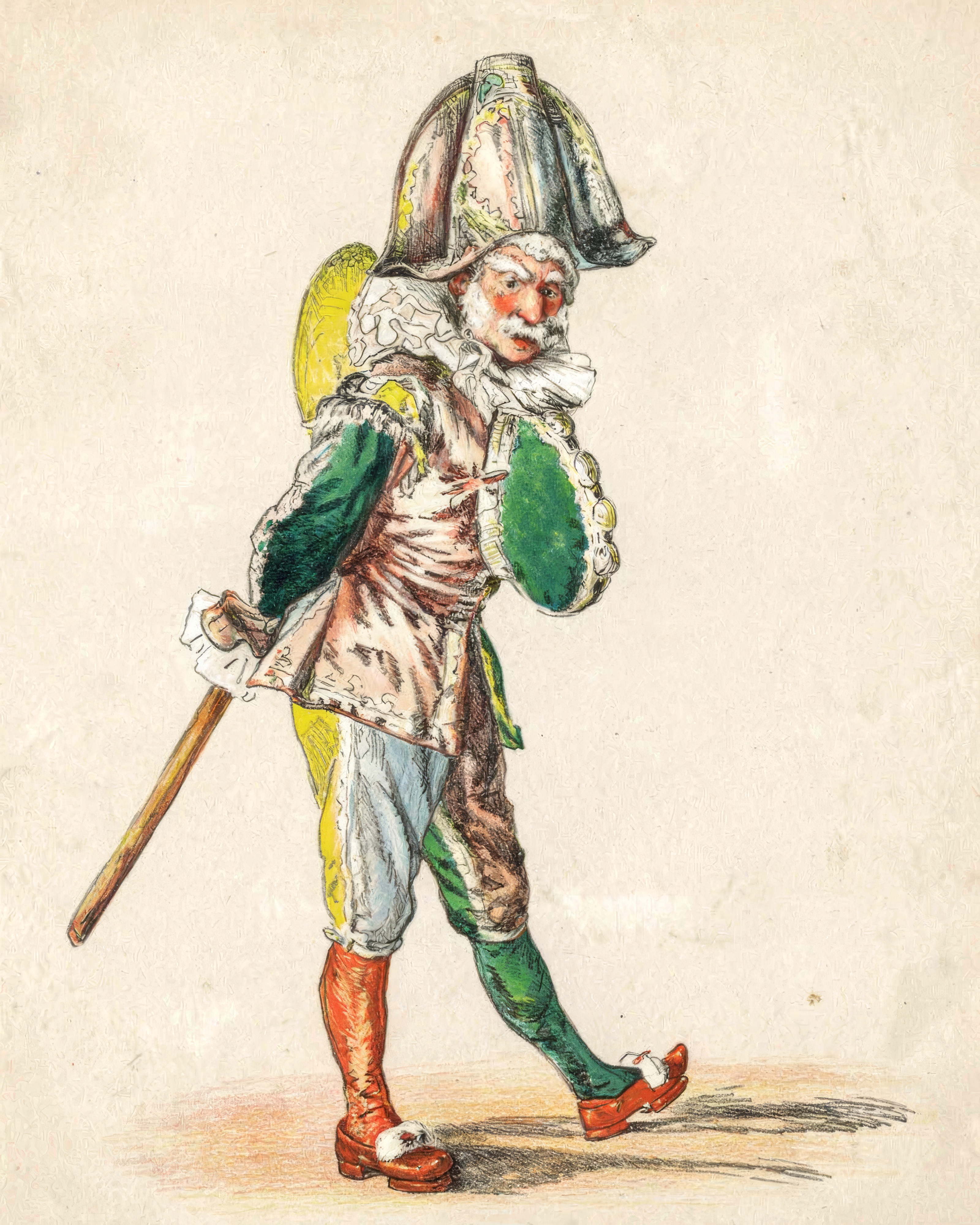 Punch, the figure of street theatre, strikes a pose in bright colours.