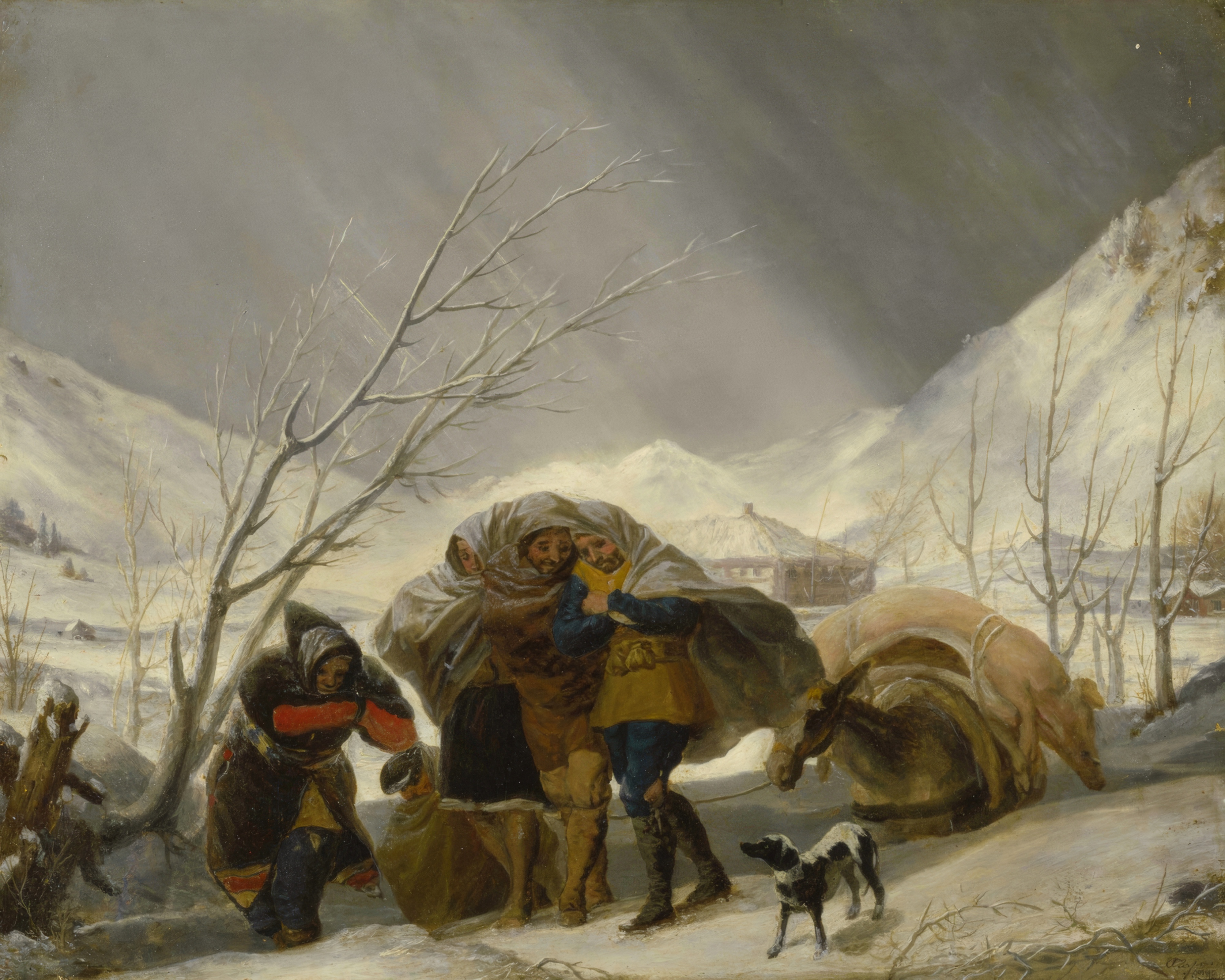 Travellers wrapped in cloaks bend into a snowstorm, with a mule and bare trees on a white hillside.