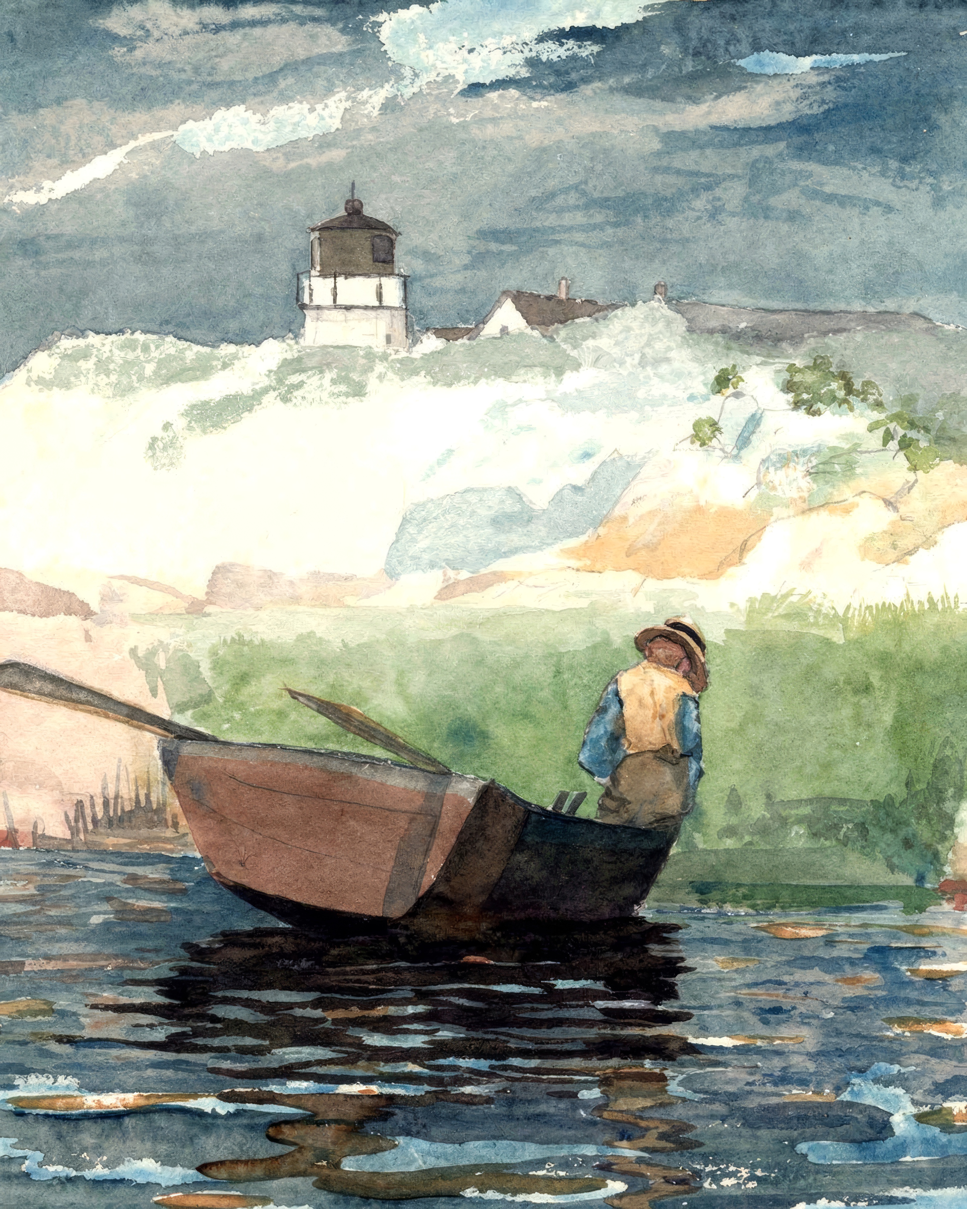 A boy rests his oars in a small dory on calm, sunlit water.