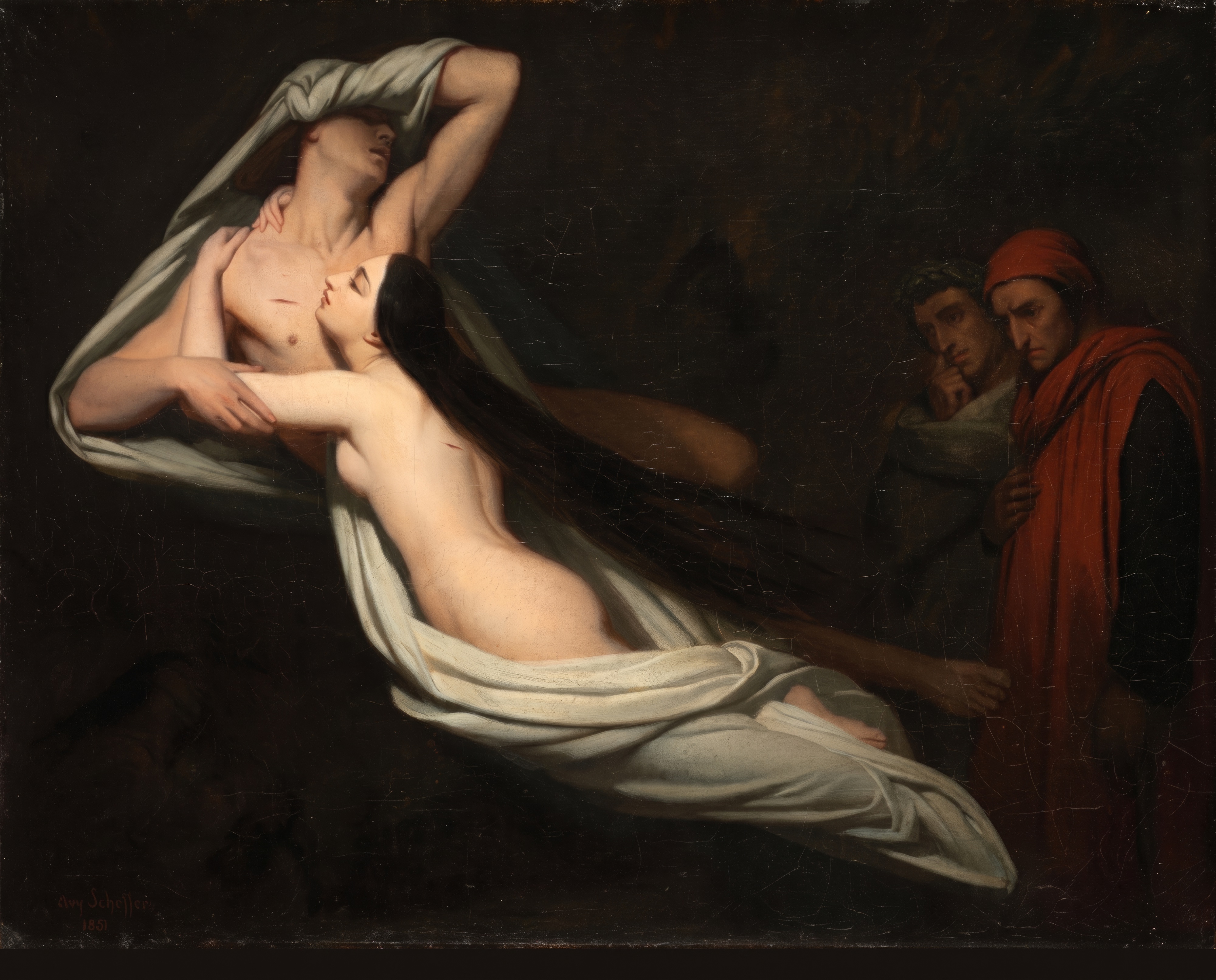 Dante and Virgil watch the pale, entwined ghosts of Paolo and Francesca drift through a dark sky.