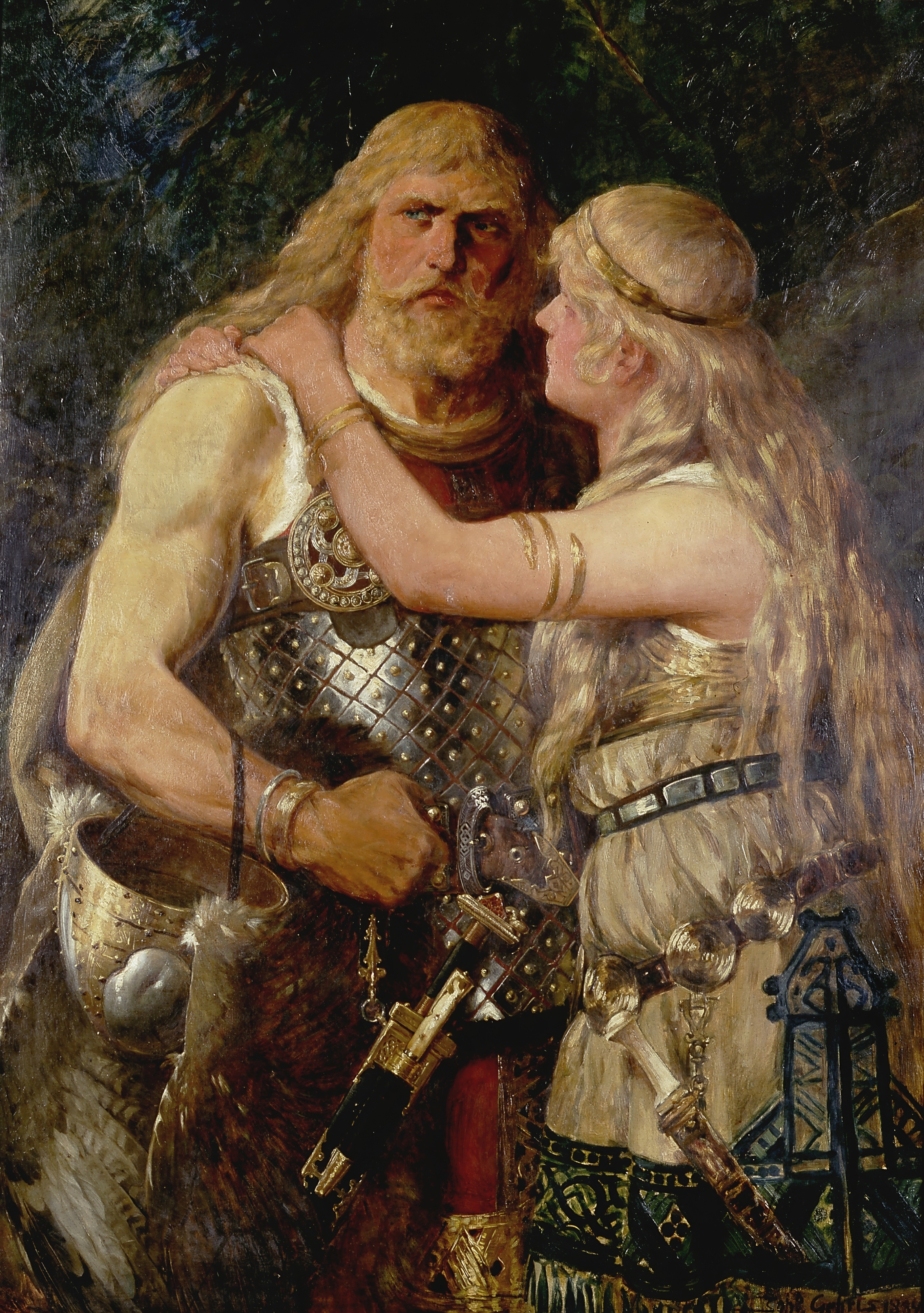 The bearded warrior Arminius in mail and armour with his arm round Thusnelda, who has long blond hair and a gold circlet, as he prepares to leave; painted by Johannes Gehrts.