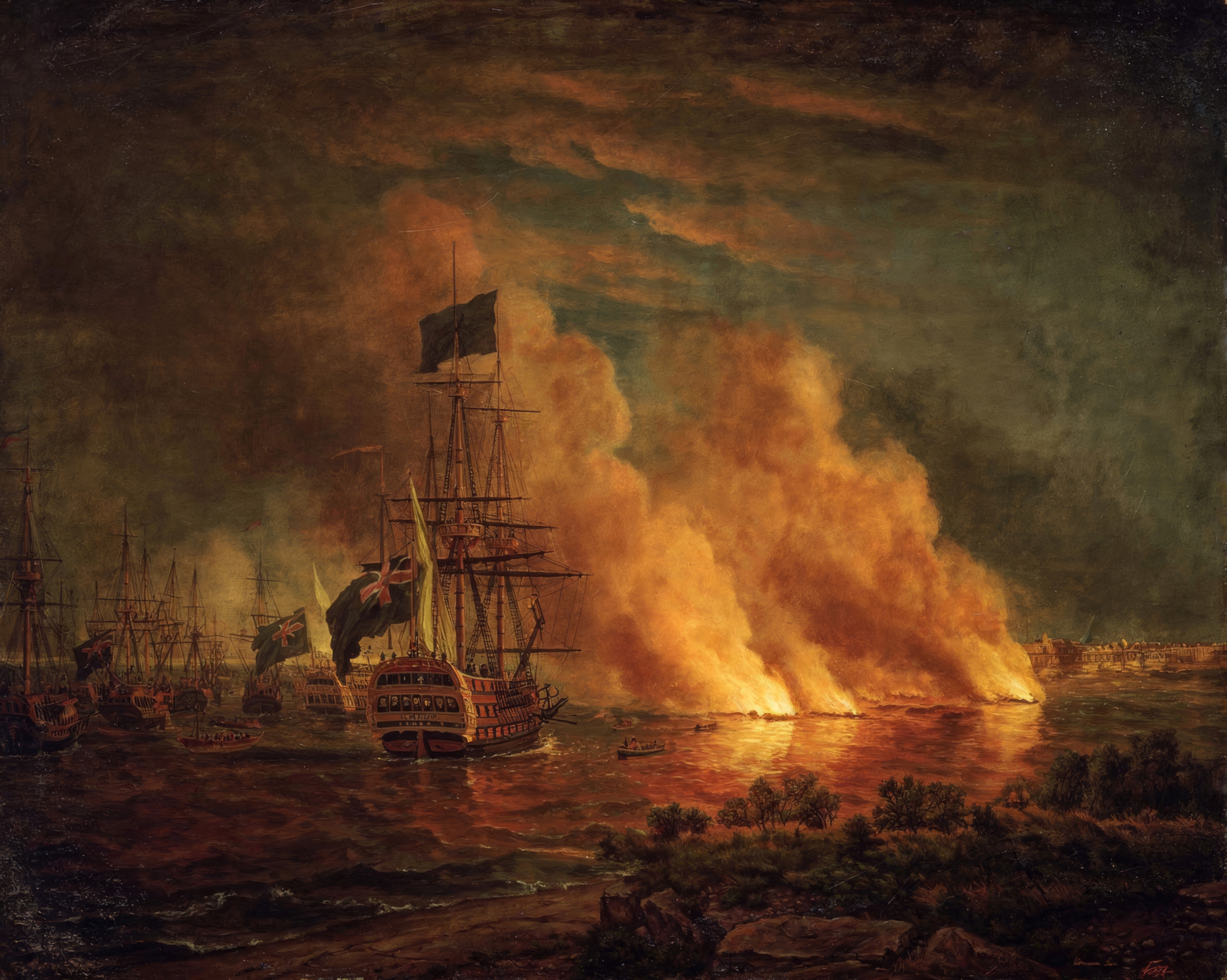 Burning French fire rafts drift toward British ships at night.