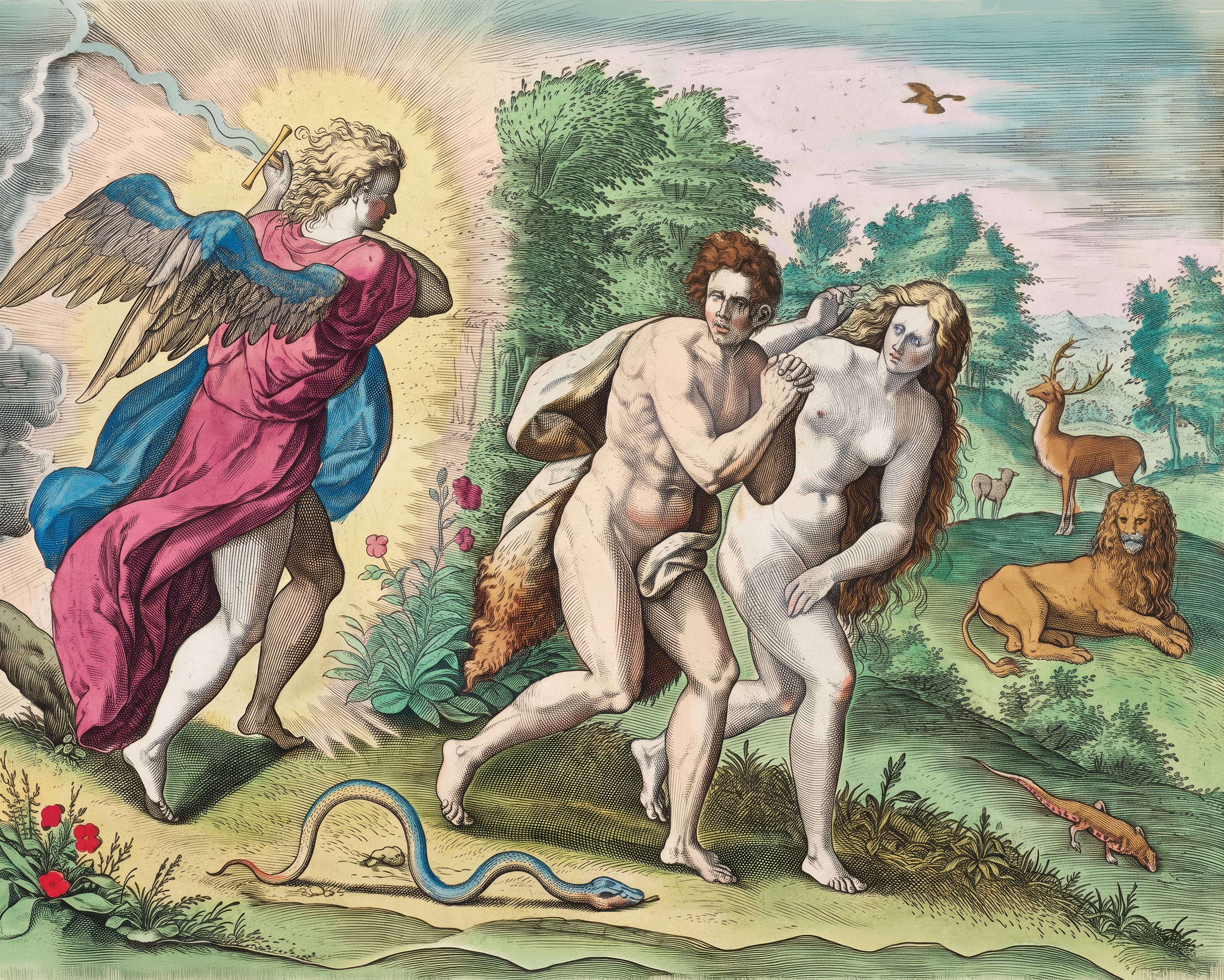 An angel with a flaming sword drives Adam and Eve out of Paradise in a detailed engraving.
