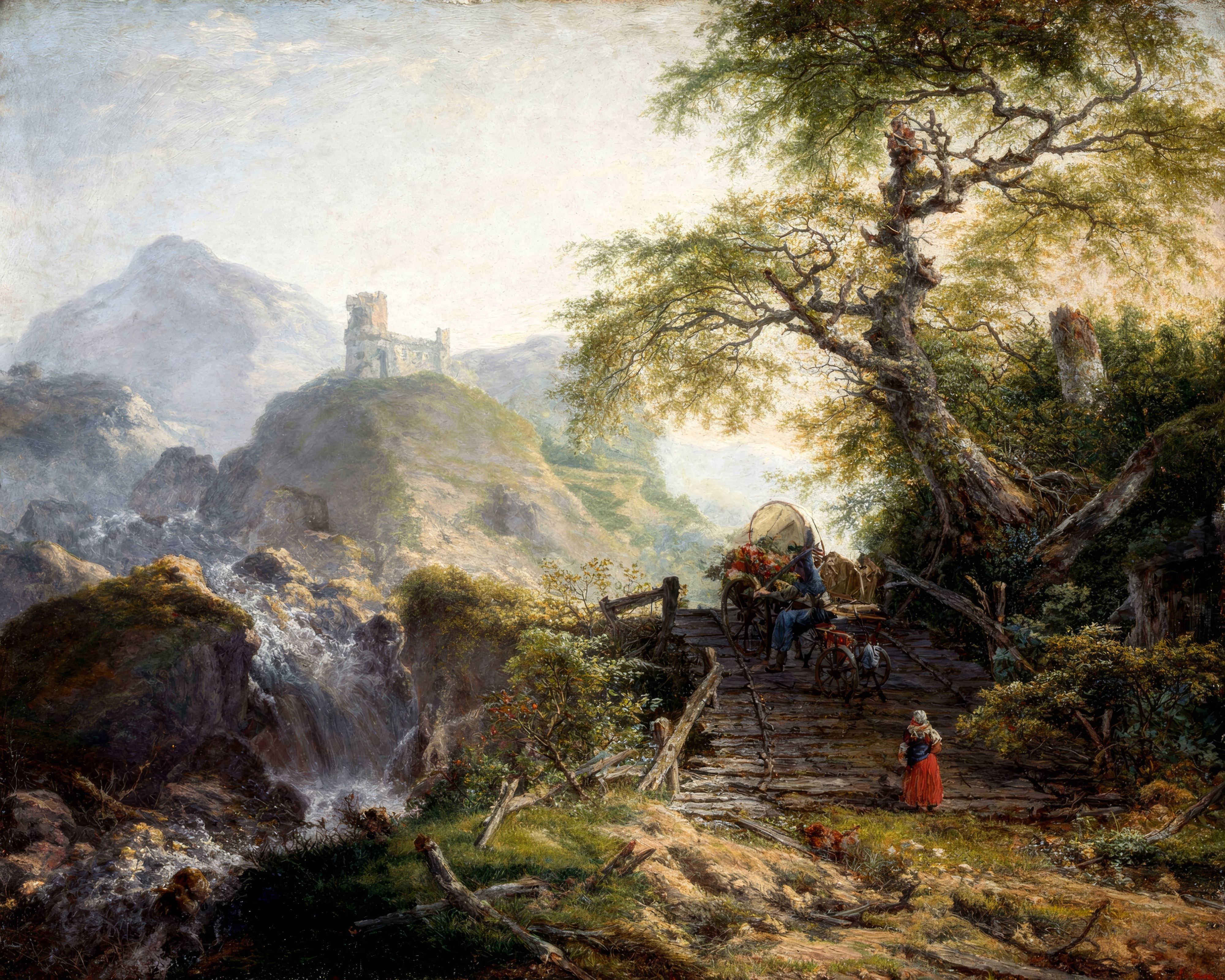 Figures rest by a country road winding toward a sunlit valley and distant hills.
