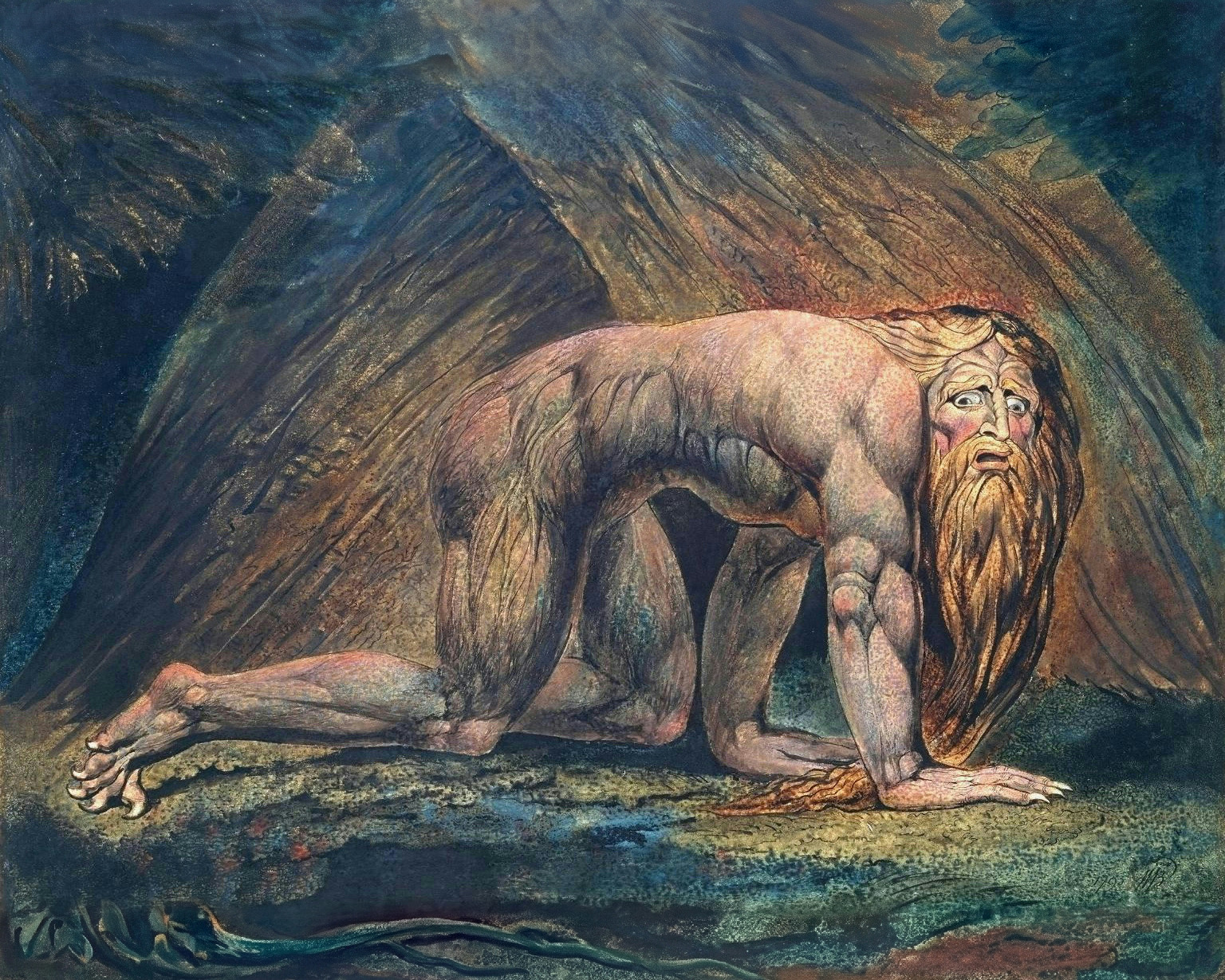 William Blake’s Nebuchadnezzar, a long-haired bearded figure crouching on all fours against dark blue surroundings, shown whole.