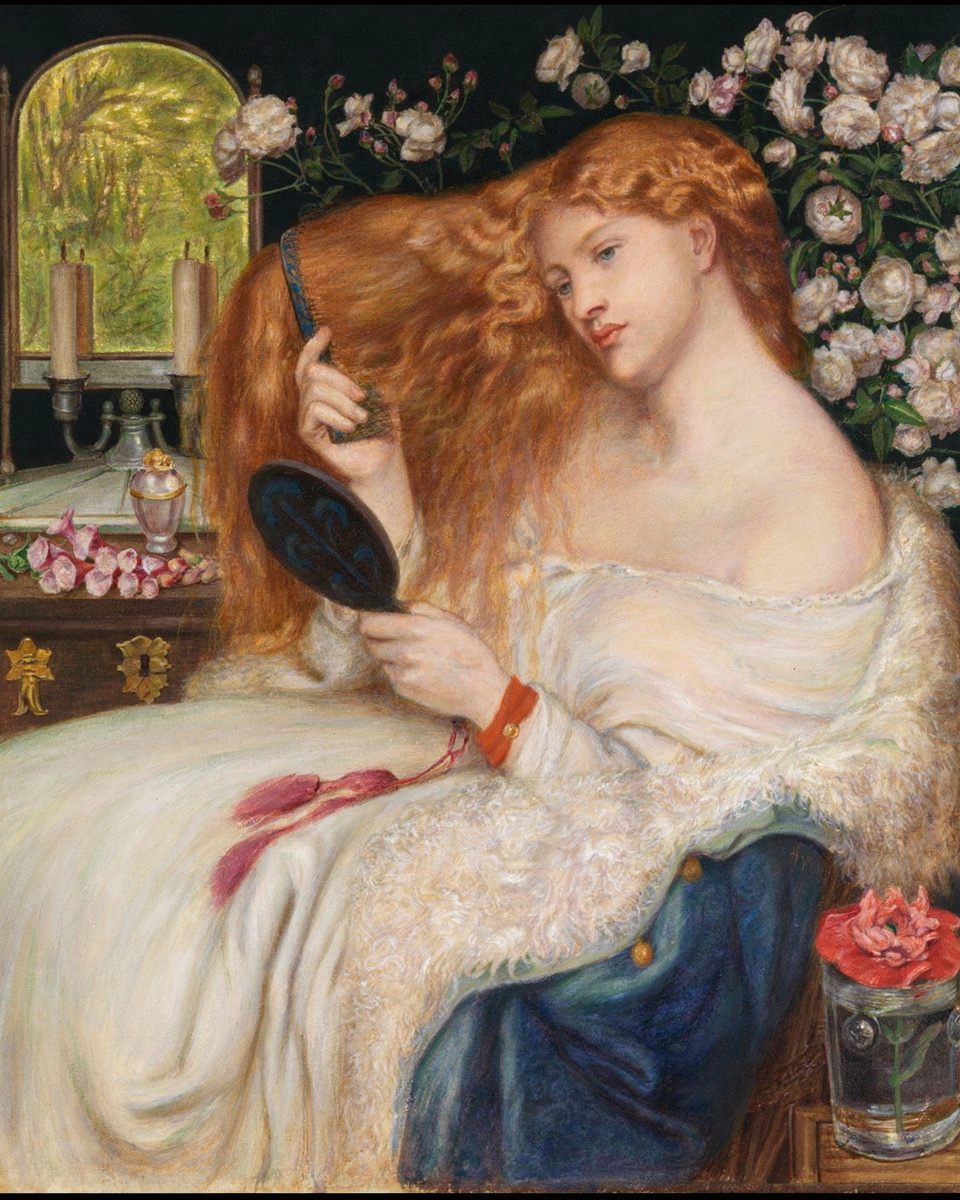 Dante Gabriel Rossetti's Lady Lilith, 1867: a woman with a cascade of red-gold hair combs it while holding a hand mirror, surrounded by pale roses.