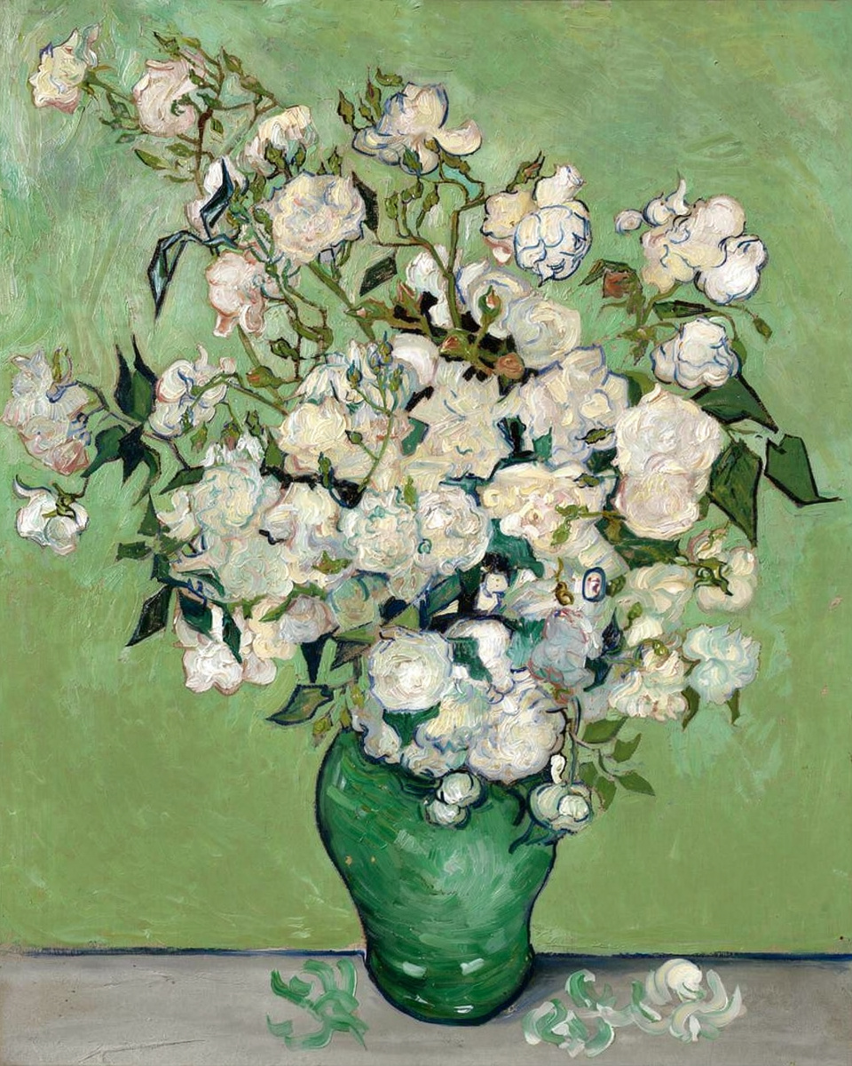 Vincent van Gogh's Roses: a mass of pale roses in a green vase against a soft green wall.