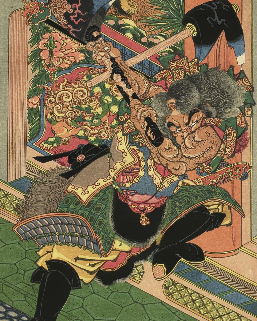 A muscular warrior with wild hair swings into action in a whirl of patterned cloth.