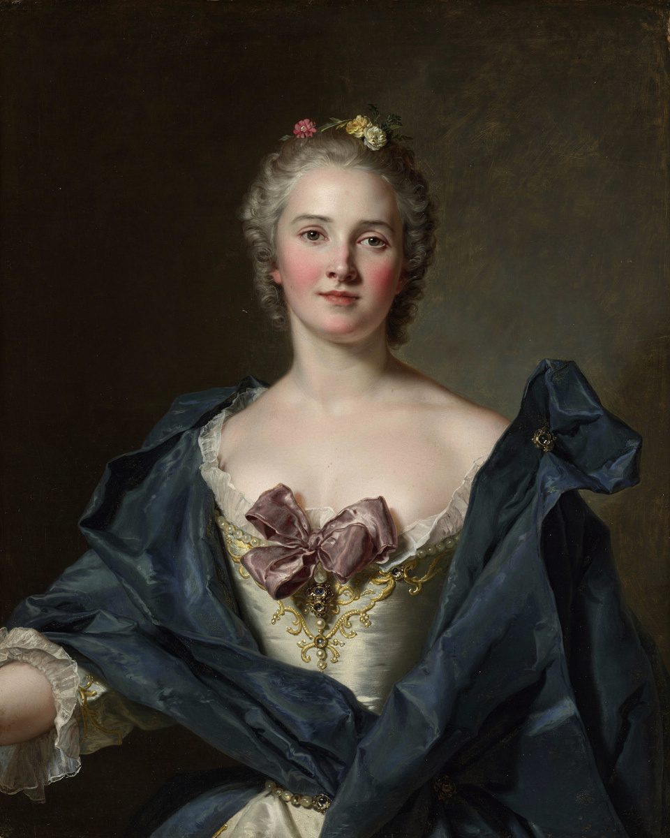 A woman with powdered hair and a blue gown gazes at the viewer.