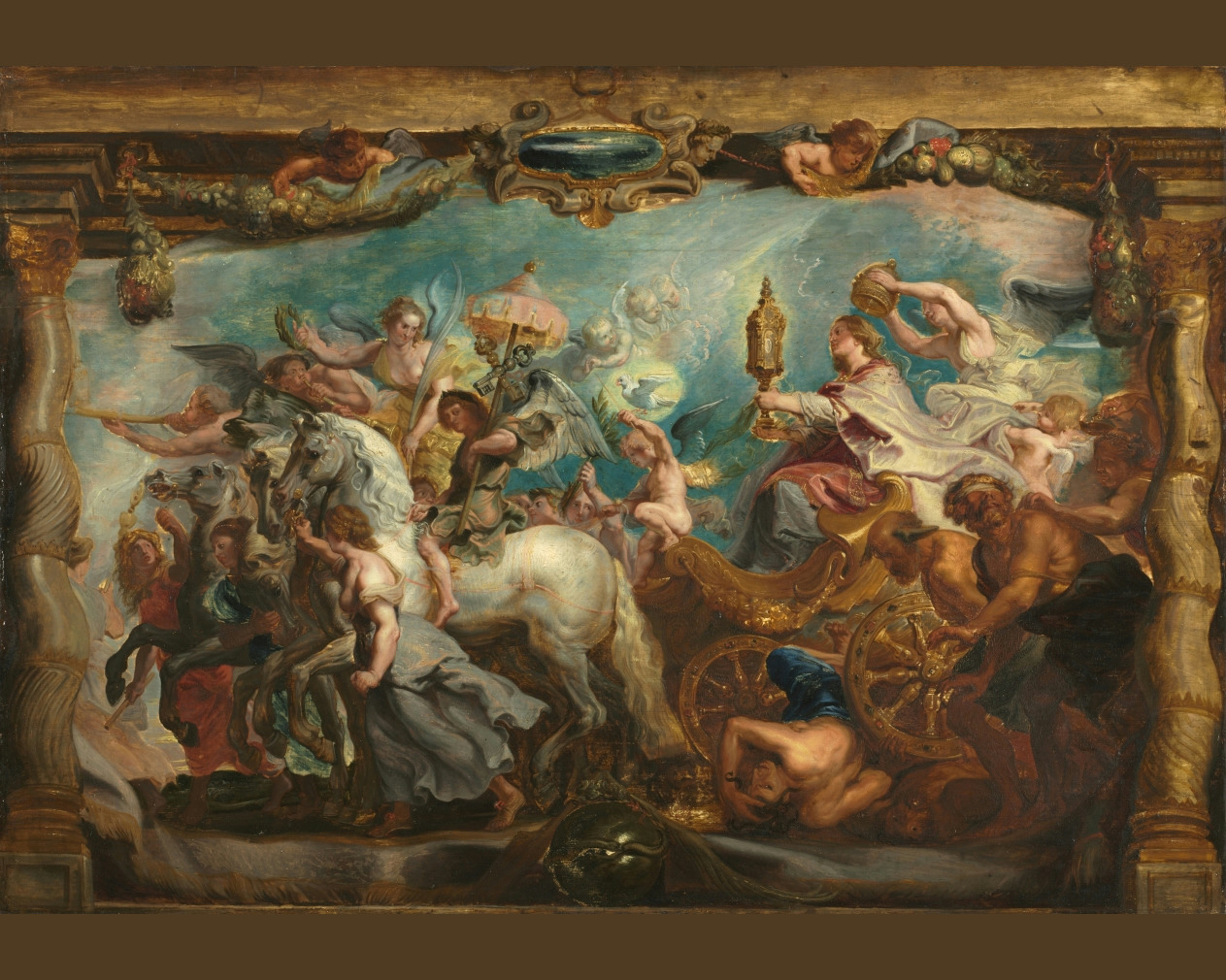 A golden chariot carrying the Church rolls through a crowd of saints and angels.