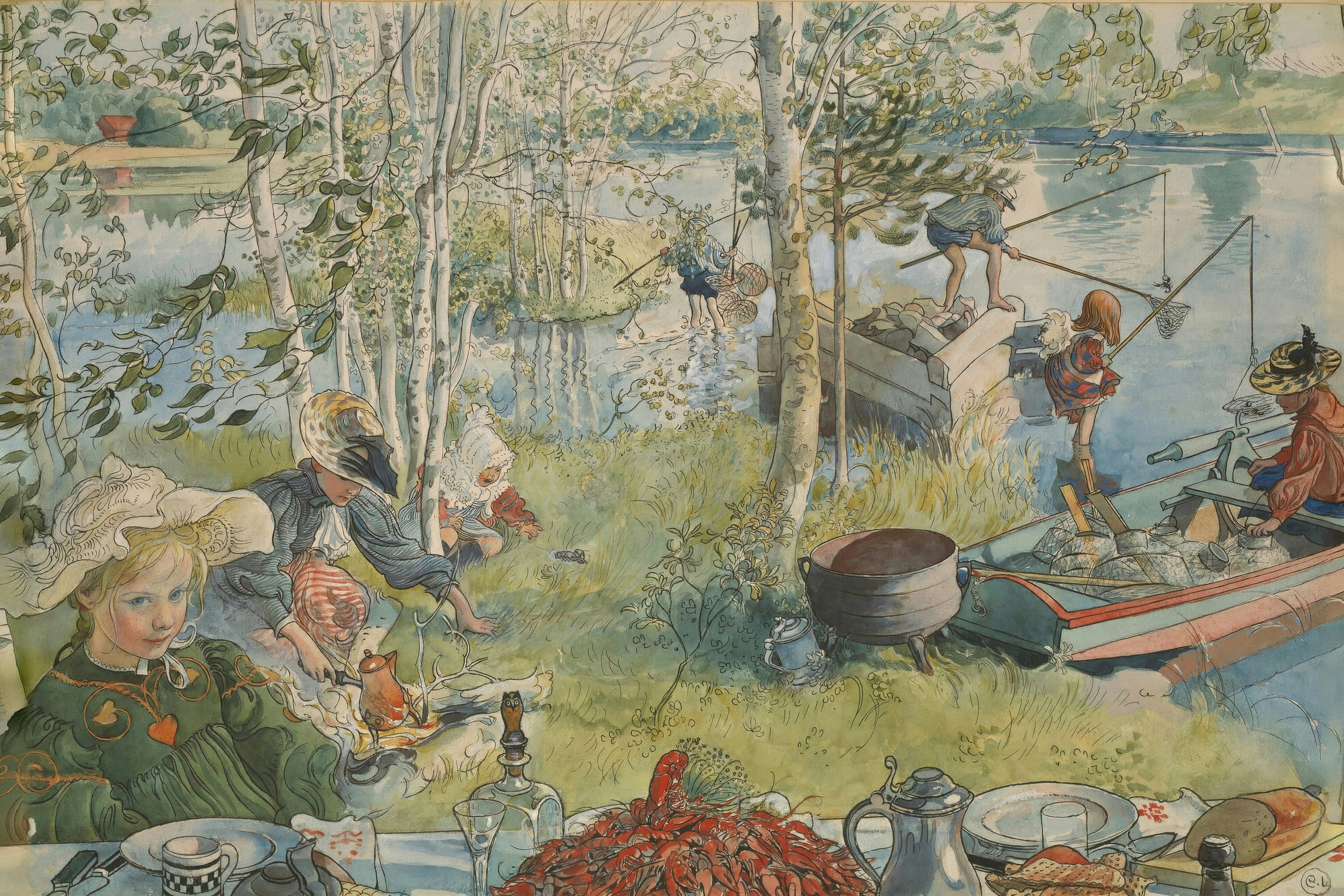 Children with nets wade into a lake to catch crayfish among birch trees, with a small fire on the shore.