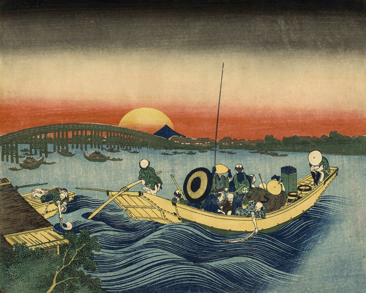 A crowded ferry crosses a river at sunset, with the long Ryogoku Bridge and Mount Fuji in the distance.