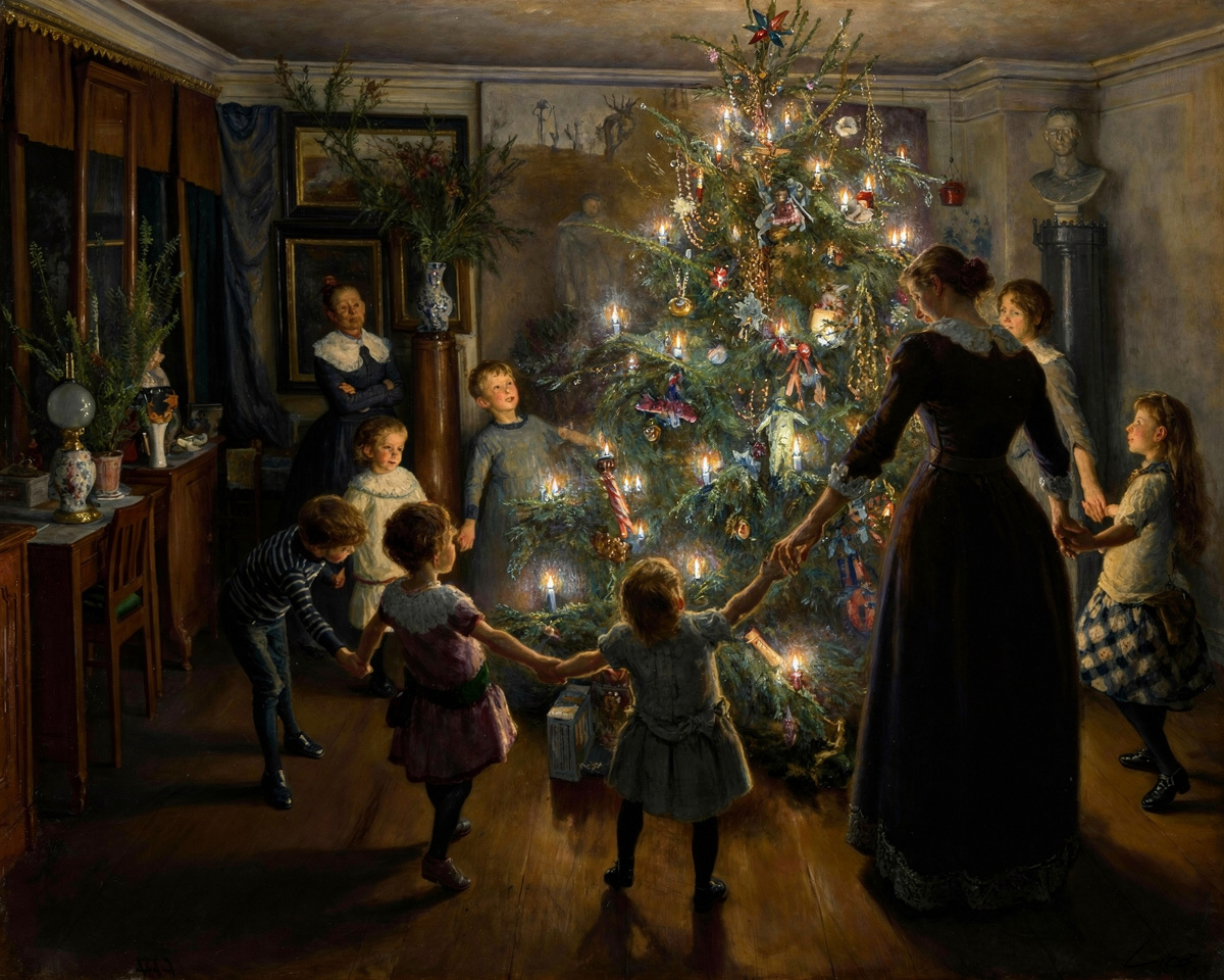 Viggo Johansen's Glade jul: a mother and children join hands and dance around a candlelit Christmas tree in a dark Danish living room.