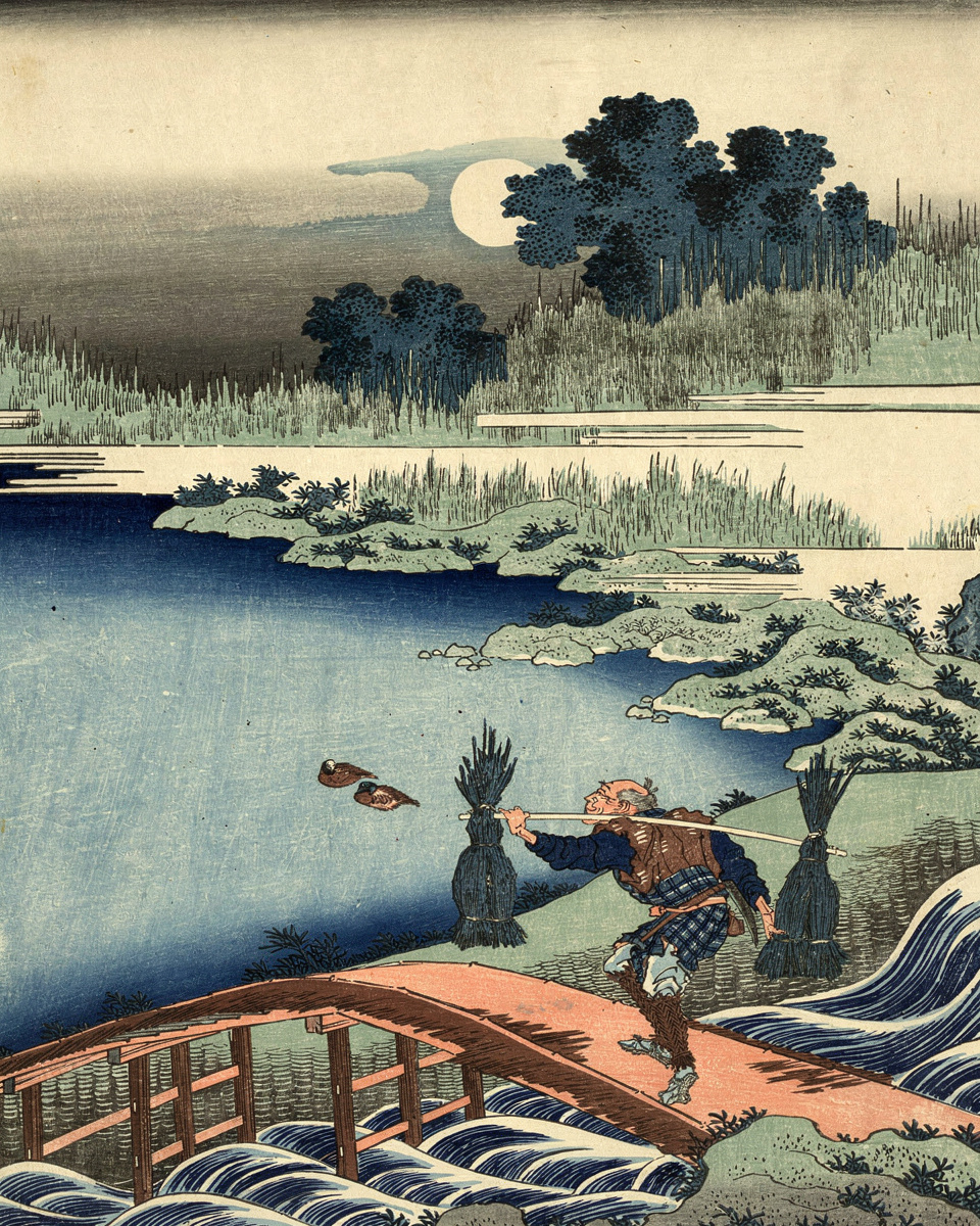 A lone traveller crosses an arched bridge beneath a snowy willow.