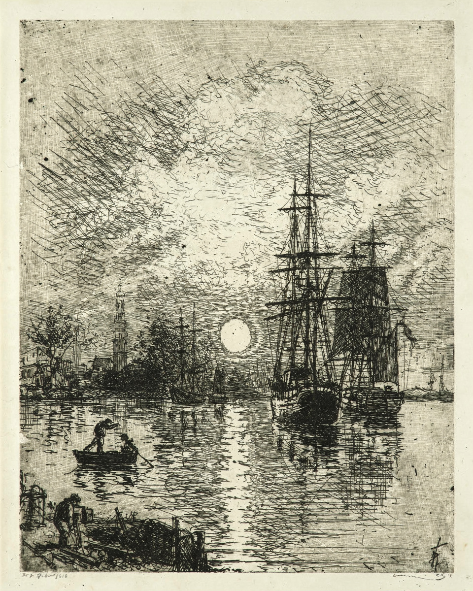 The sun sets over a harbour, with ships’ masts and distant windmills silhouetted against the sky and a bright path of light on the water.