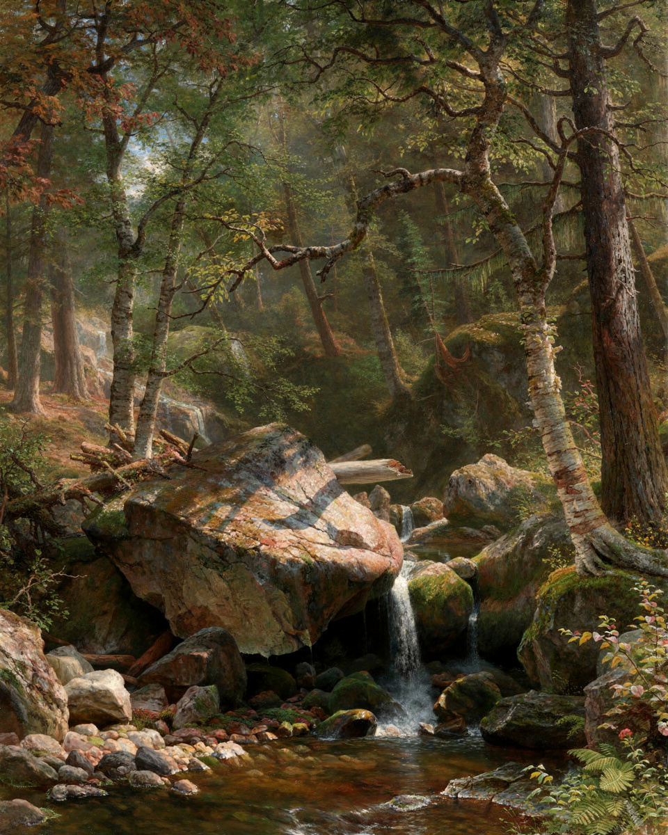 A rocky stream runs through a dense, sun dappled forest.