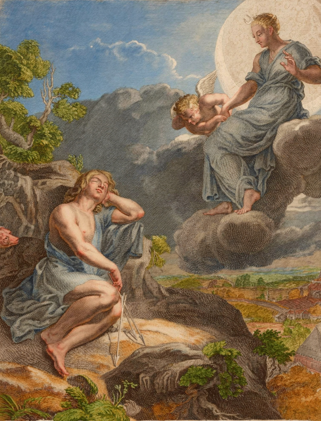 The moon goddess descends on a cloud towards the sleeping shepherd Endymion on a mountainside.