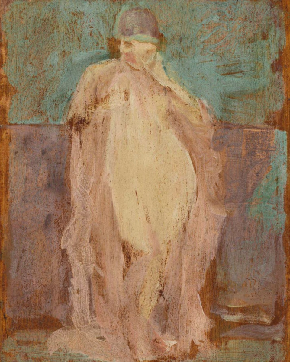 A woman in a pale gown stands holding a fan.