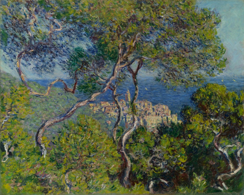 Claude Monet’s Bordighera: twisting trees and green foliage above a coastal town and blue sea, complete Fable catalogue artwork.