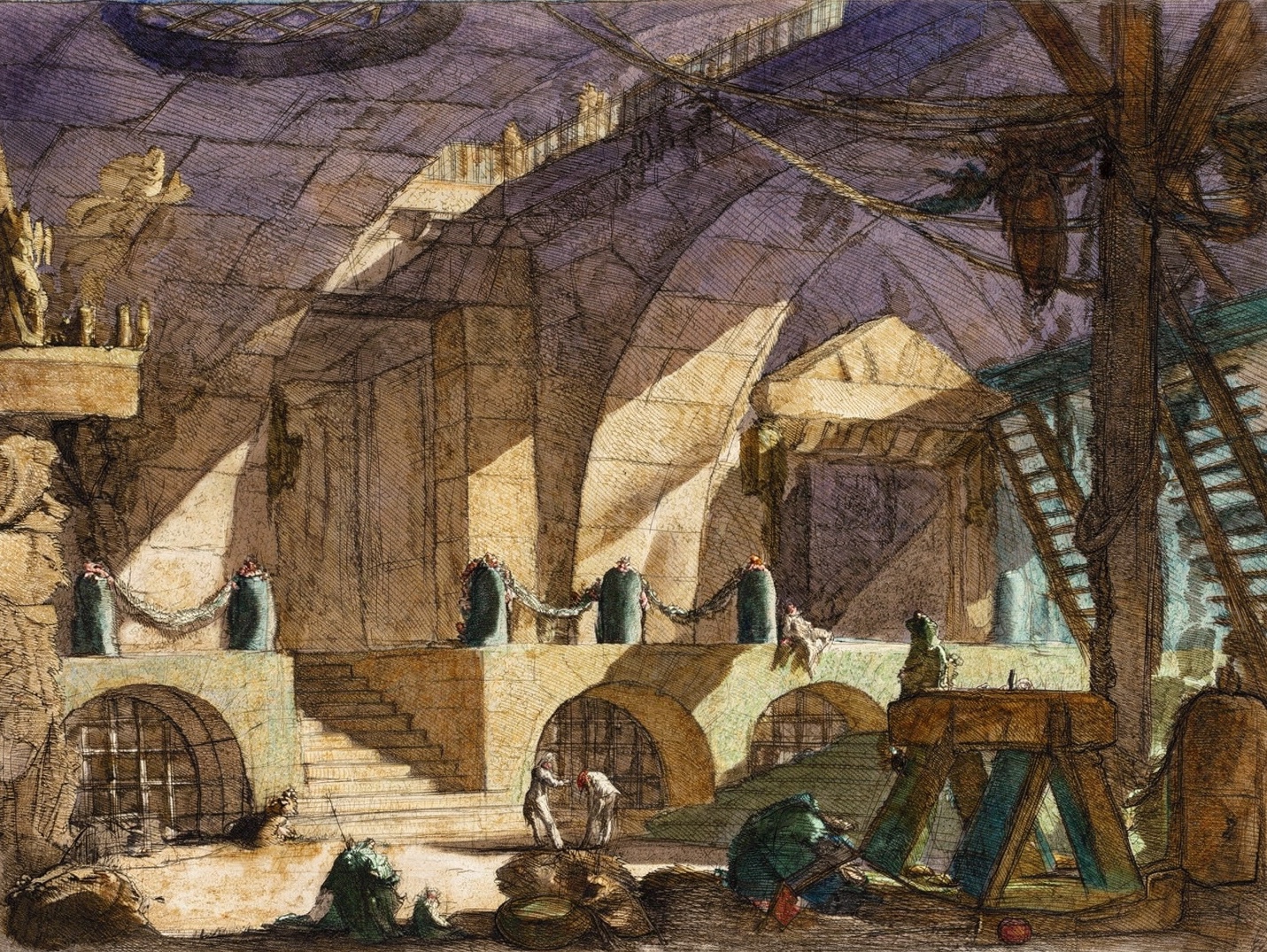 A vast imaginary prison of arches, stairs, posts and chains, with tiny figures far below.