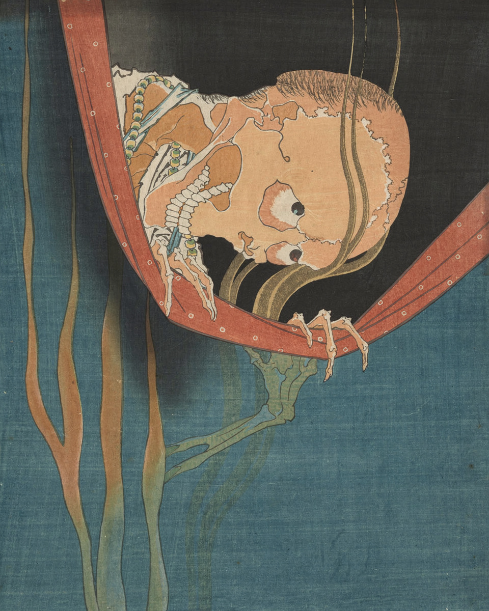 A skeleton ghost peers over the top of a green mosquito net in the dark.