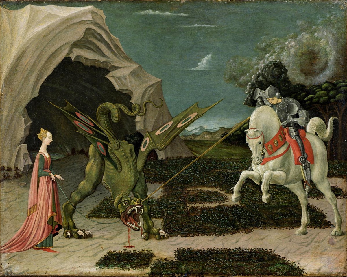 Paolo Uccello's Saint George and the Dragon, c. 1470: a knight on a white horse spears a green dragon while a princess holds it on a leash.