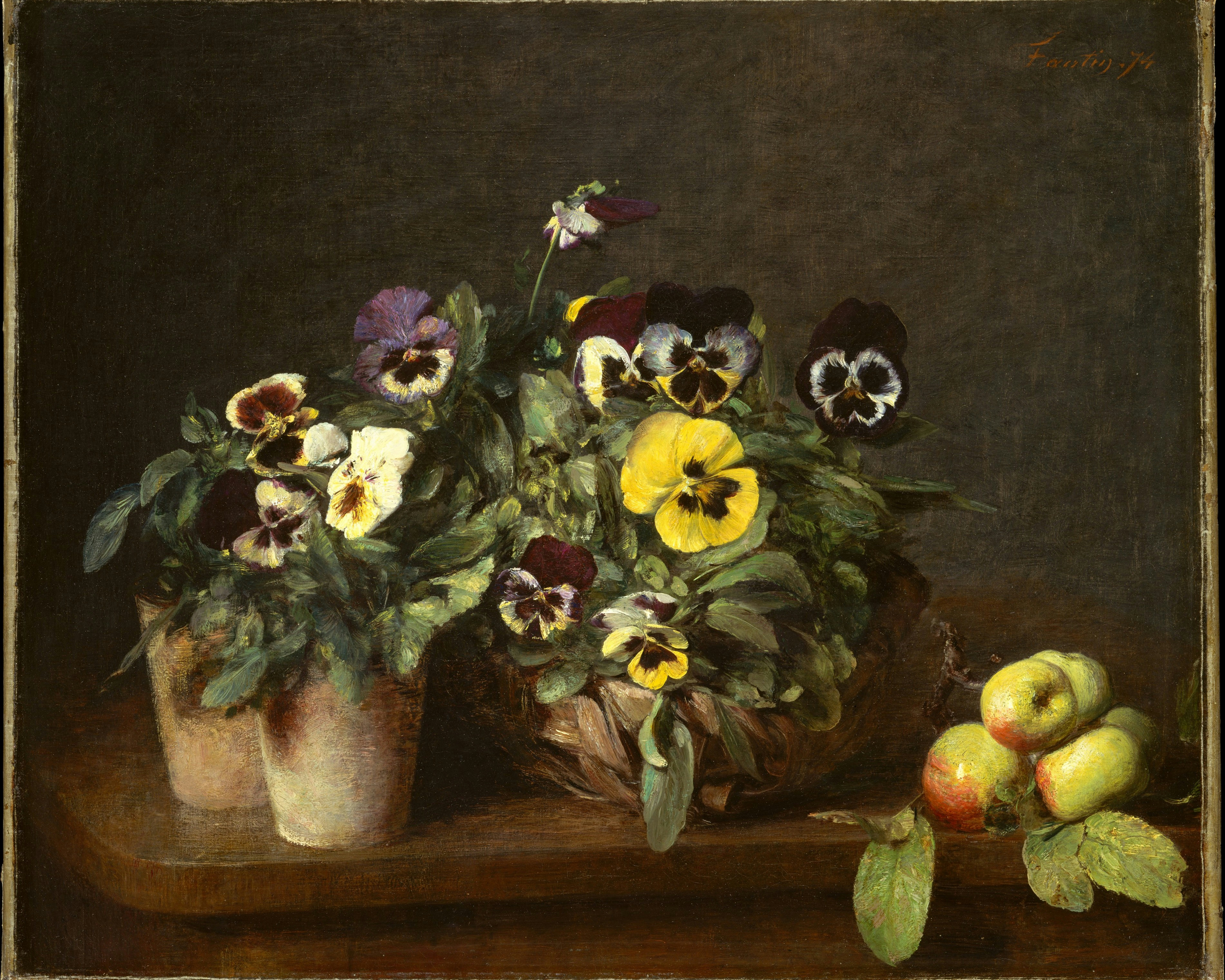 A clay pot of purple and yellow pansies on a table beside a few cut flowers.