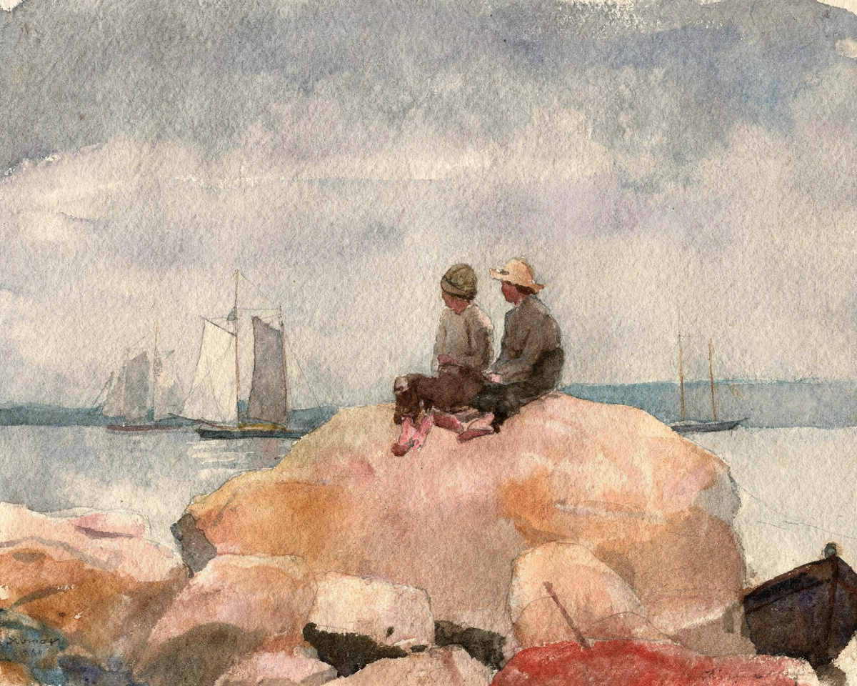 Two boys rest on a grassy bluff watching schooners sail across the harbour.