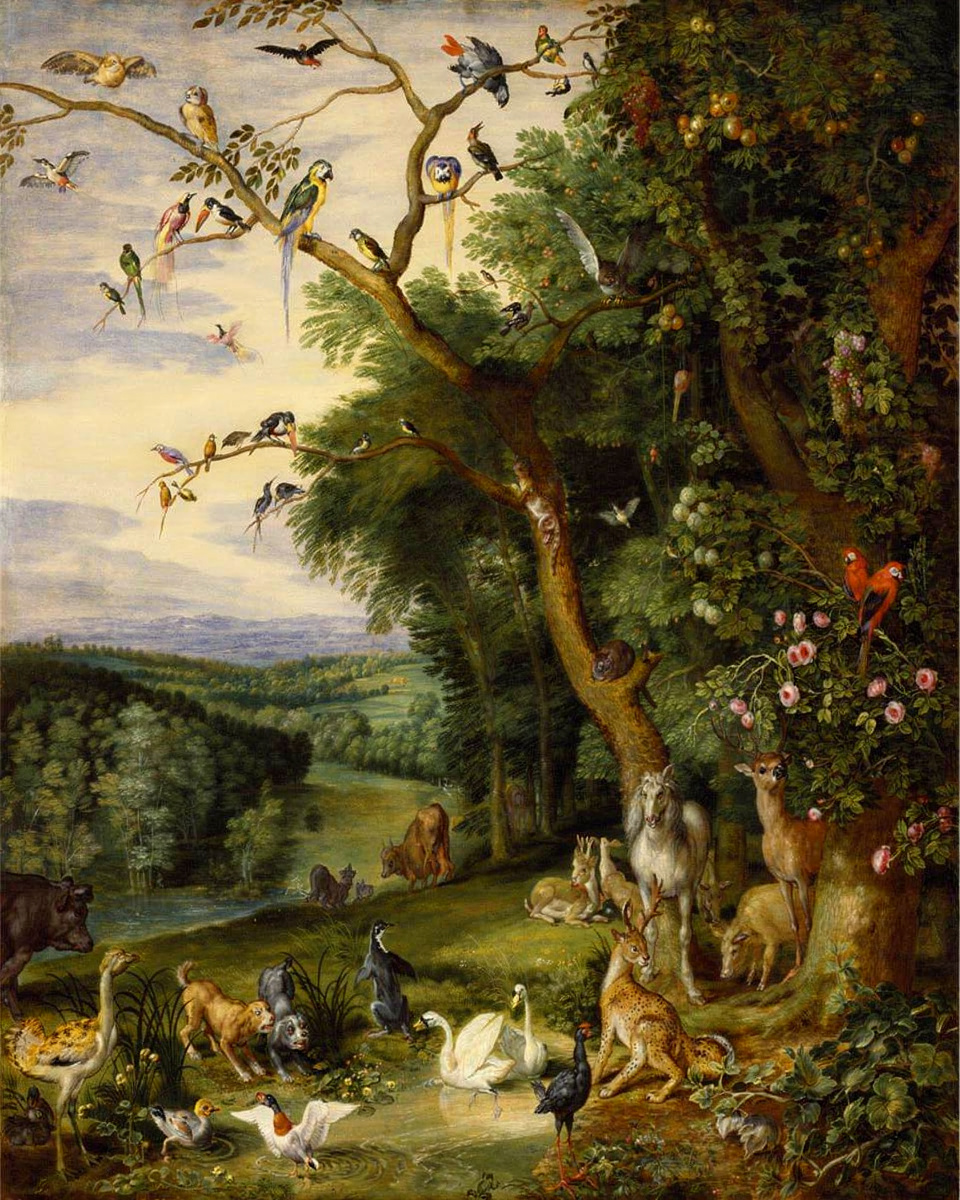 A lush Garden of Eden full of animals and birds, with Adam and Eve small beneath the tree.
