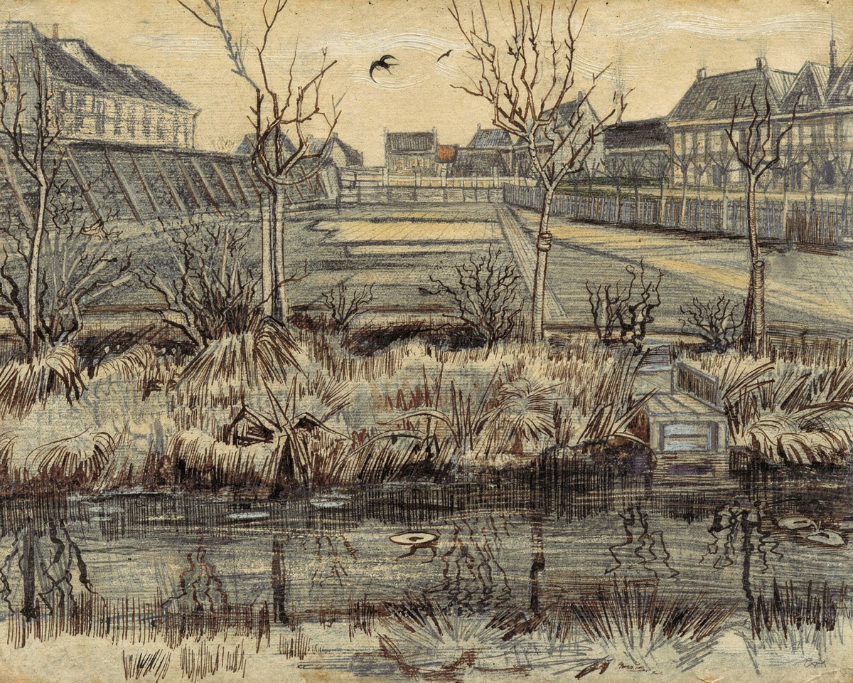 A drawing of a path running between rows of plants in a nursery garden, with buildings beyond.