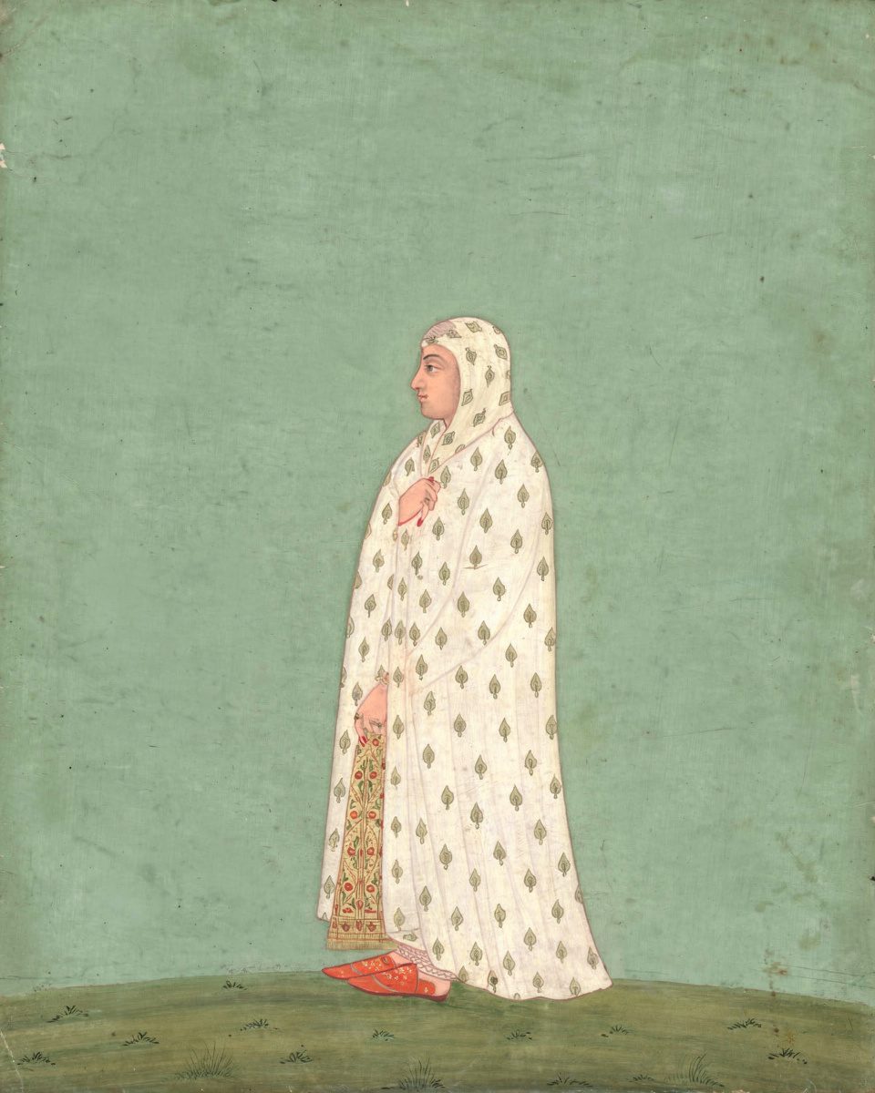 A woman in profile with pearls and a transparent veil against a soft jade ground.