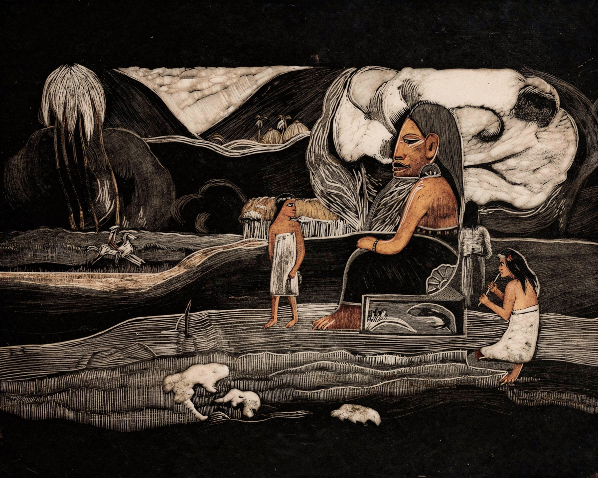 Two Tahitian figures sit in quiet contemplation before a carved deity.
